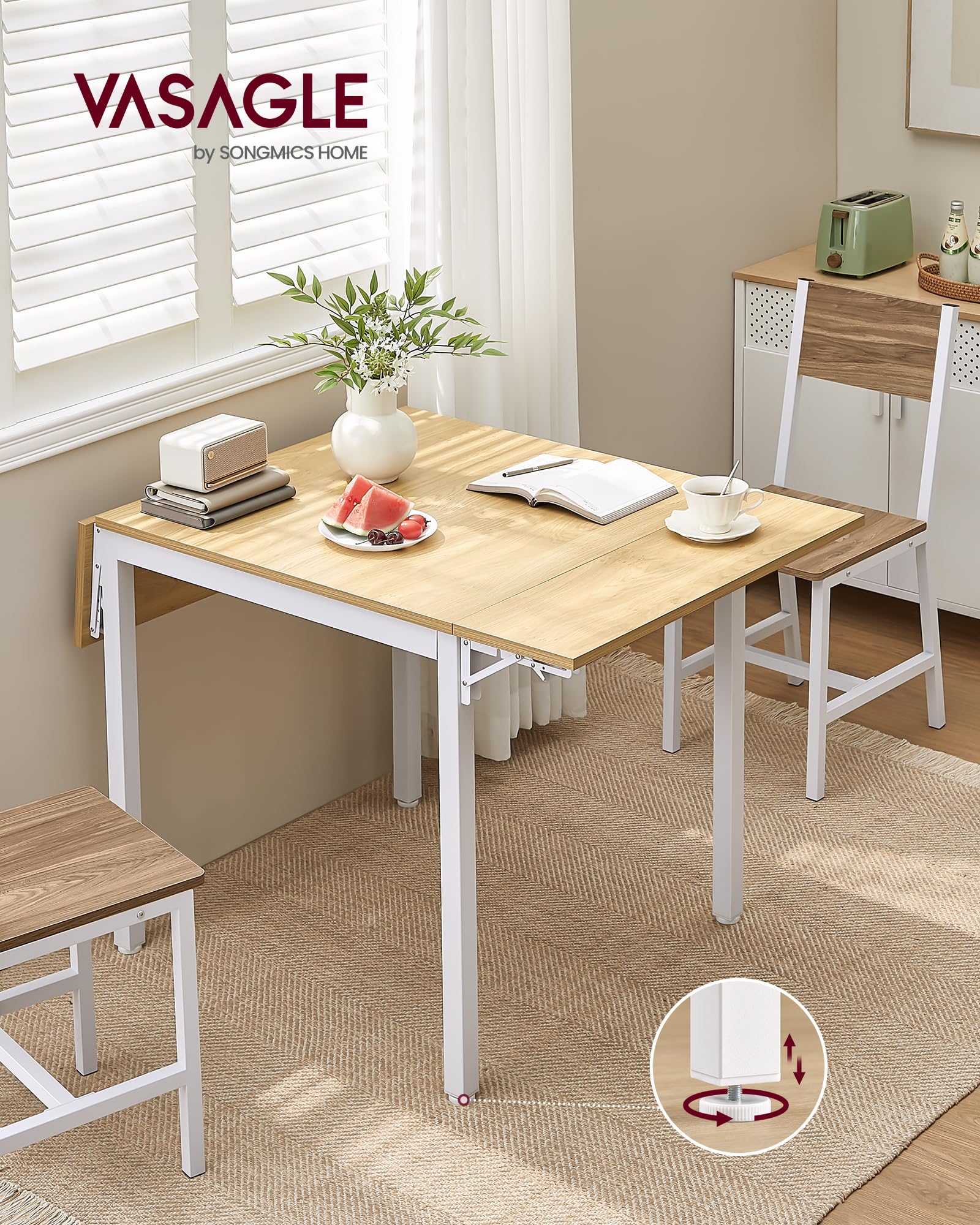 VASAGLE Folding Dining Table - Extendable Drop Leaf | Seats Multiple | Natural Oak + Cloud White 4