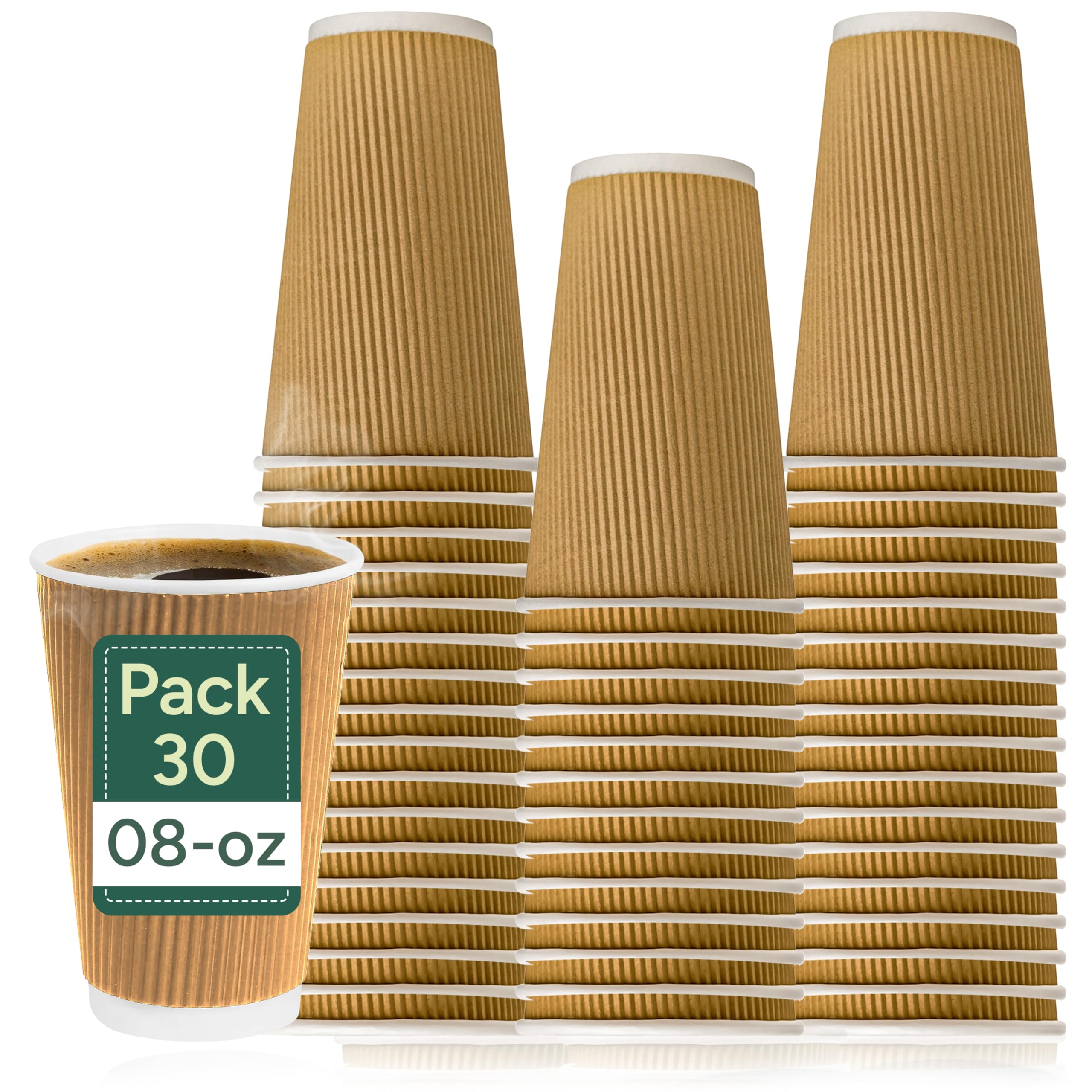 Zuvo Ripple Takeaway Paper Coffee Cups - Heavy-Duty, Double-Walled | 30 Count, 8 OZ