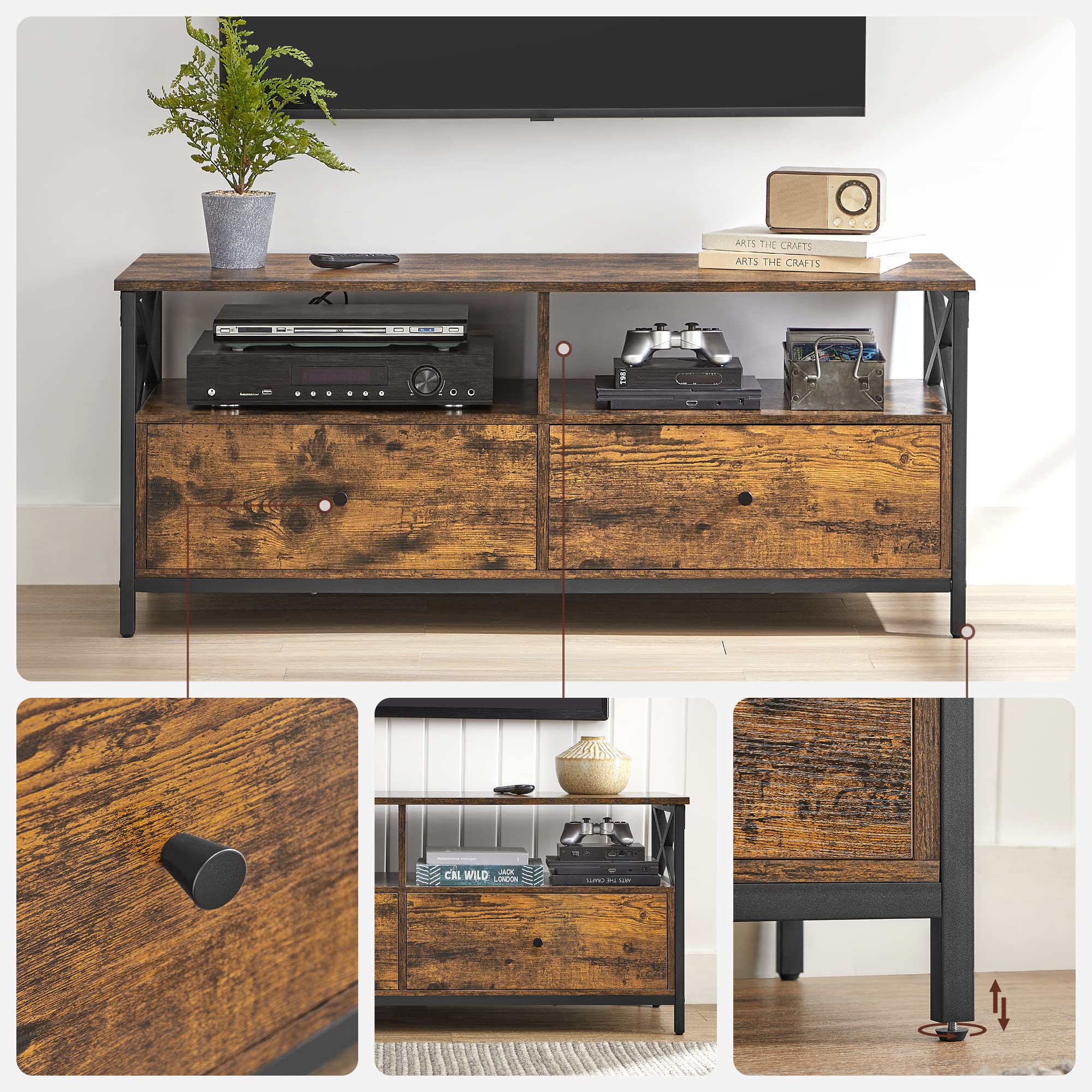 VASAGLE TV Stand for 55-Inch TV - Rustic Brown & Black | 2 Drawers, 2 Shelves | 120cm Wide 8