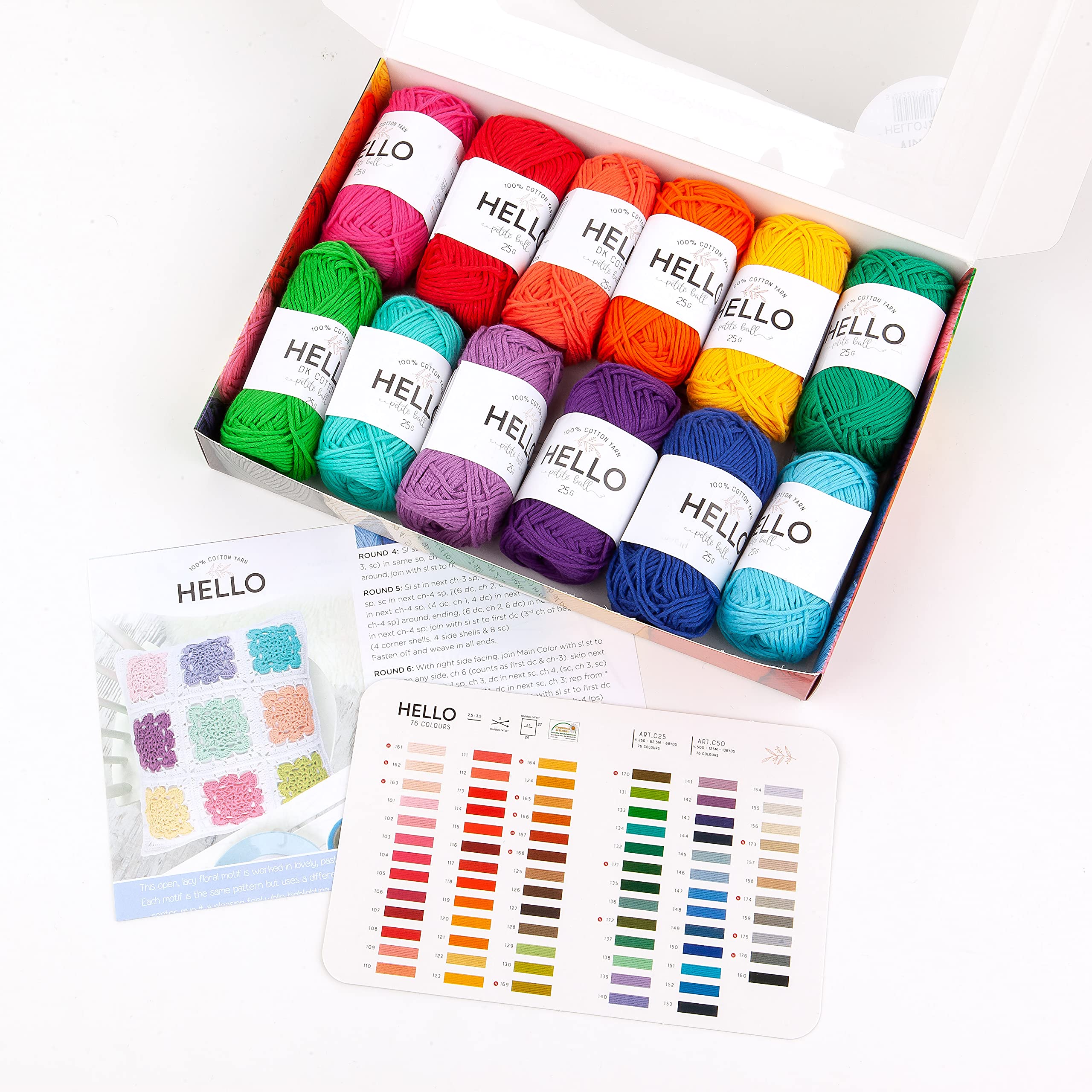 Hello Yarn 12 Ball Pack - 100% Cotton | Baby Sport Weight | 25g Each 3