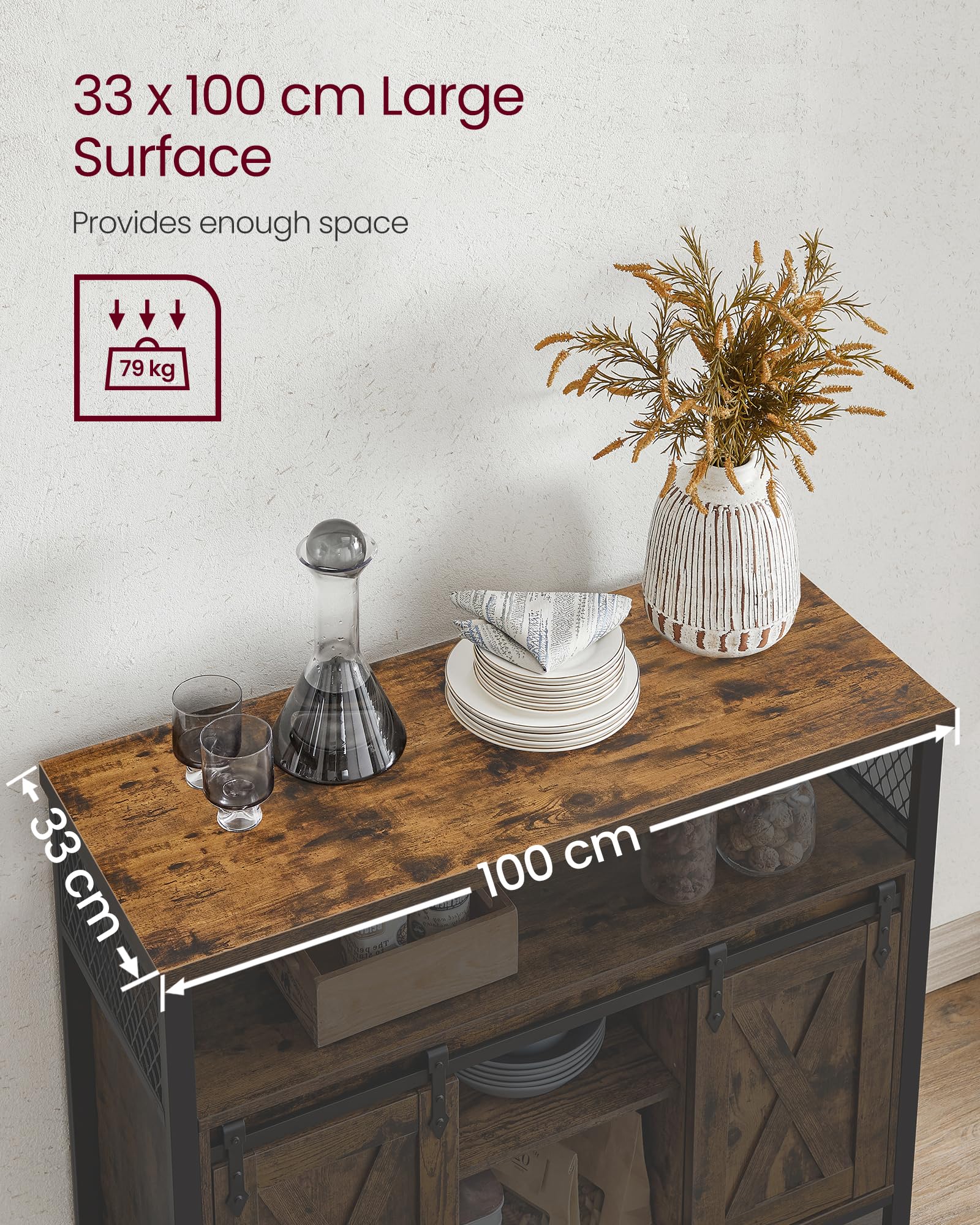 VASAGLE Sideboard Storage Cupboard with 2 Sliding Barn Doors | Rustic Brown & Black | 1000mm Wide 6