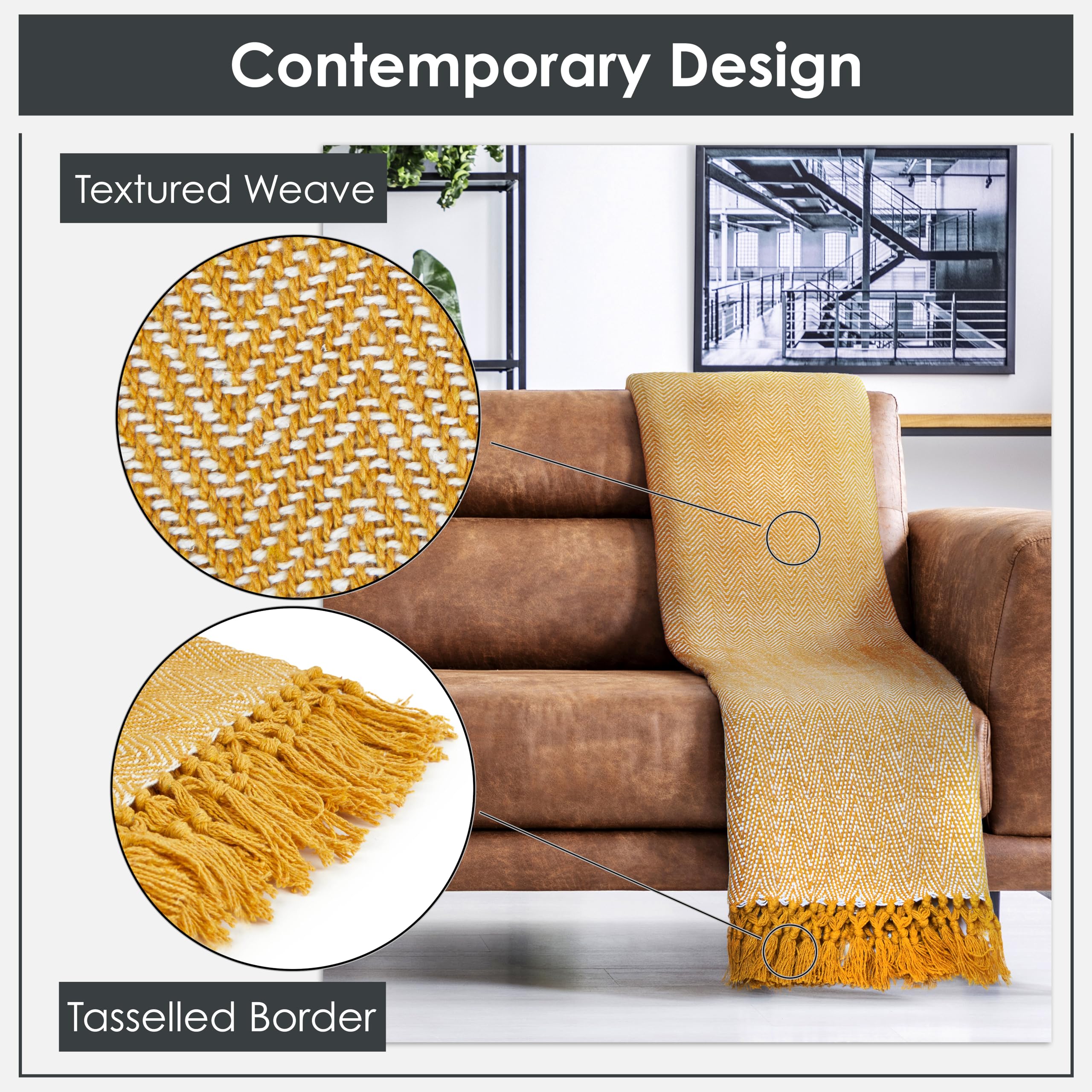 Emma Barclay Herringbone Throw - 100% Recycled Cotton | Ochre | 70x100" (178x254cm) 2
