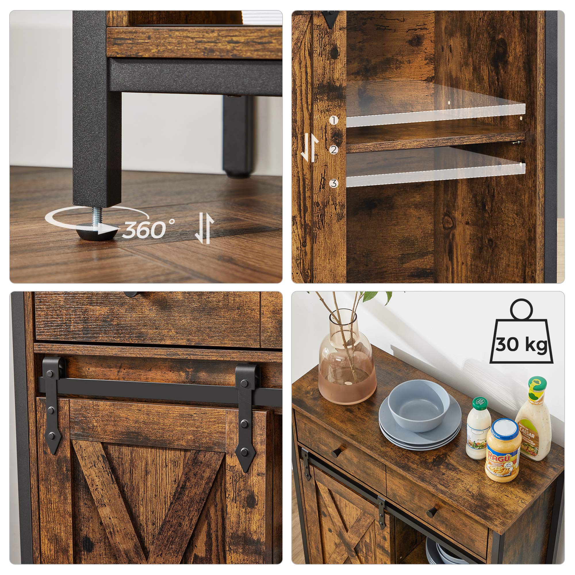 VASAGLE Storage Cabinet - Industrial Rustic Brown Sideboard with Sliding Barn Door | 1 Drawer, Adjustable Shelves 8