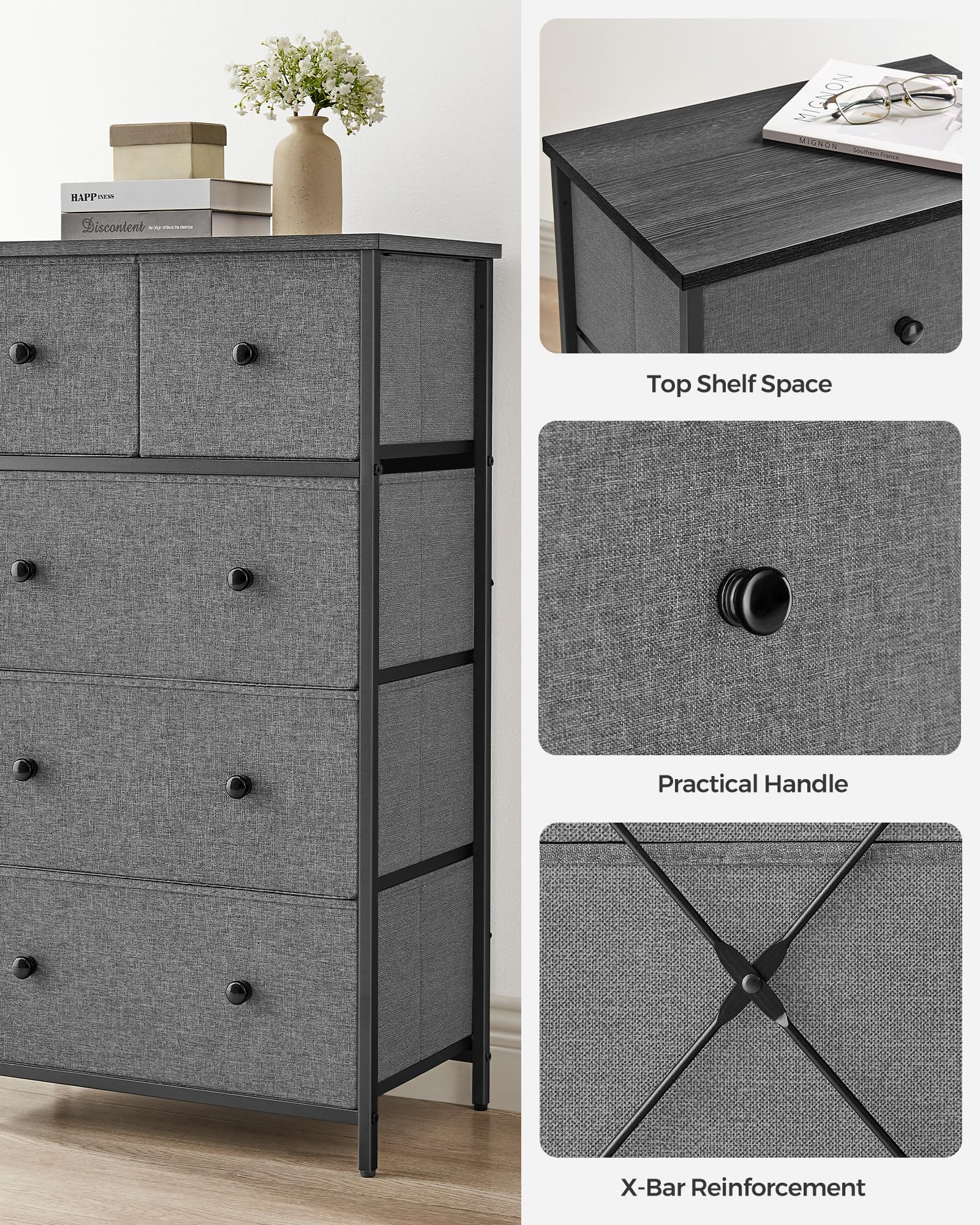 SONGMICS 5-Drawer Fabric Storage Organiser Unit - Grey/Black Wood Grain | 30x56x93 cm 7