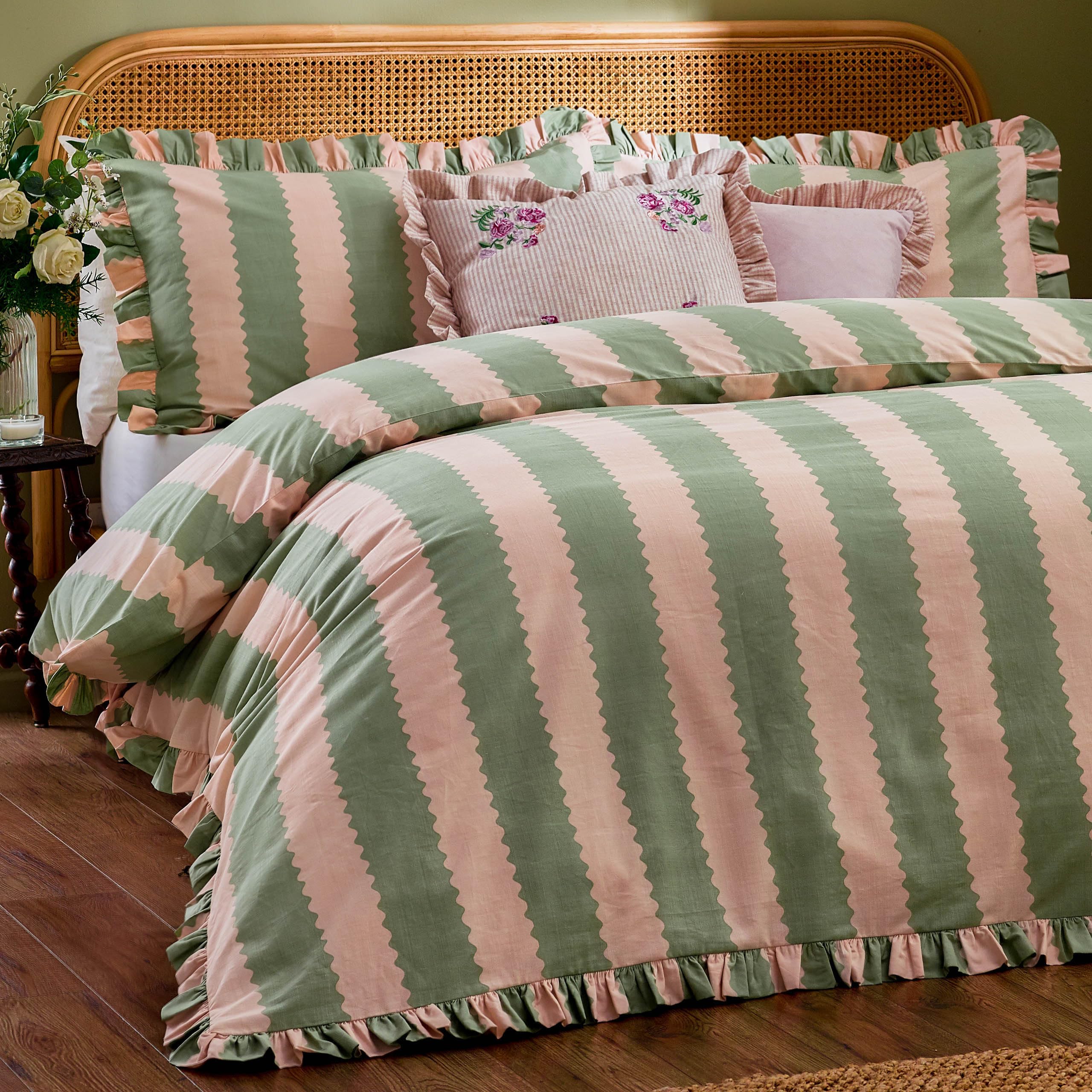 furn. Wylder Birdie Stripe Double Duvet Cover Set - Reversible Polycotton | Pink/Green 3