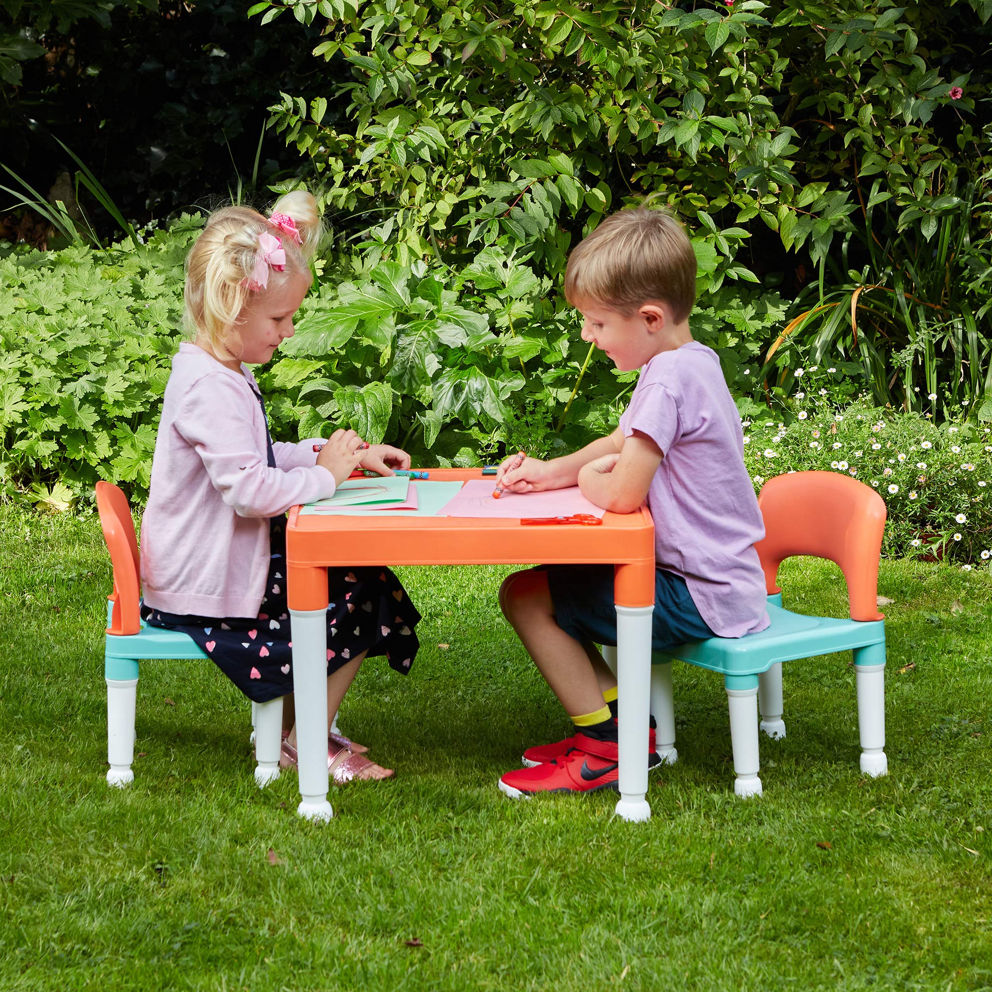 Liberty House Toys Children's Table and Two Chair Set - Green Orange White | Plastic | Ages 2+ 4
