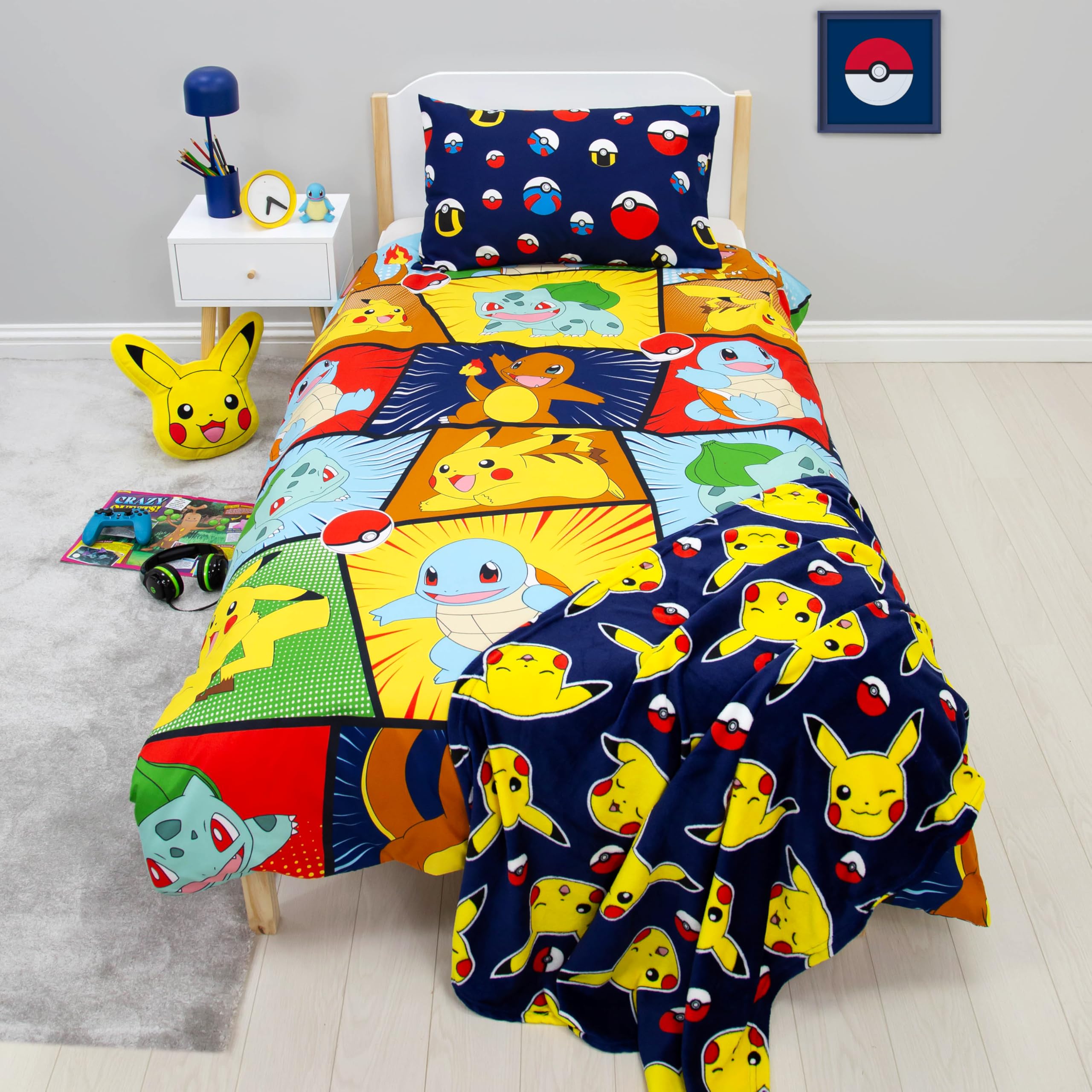 Pokémon Single Duvet Cover and Pillowcase Set - Reversible Pikachu & Starters Design | UK Single Size 7