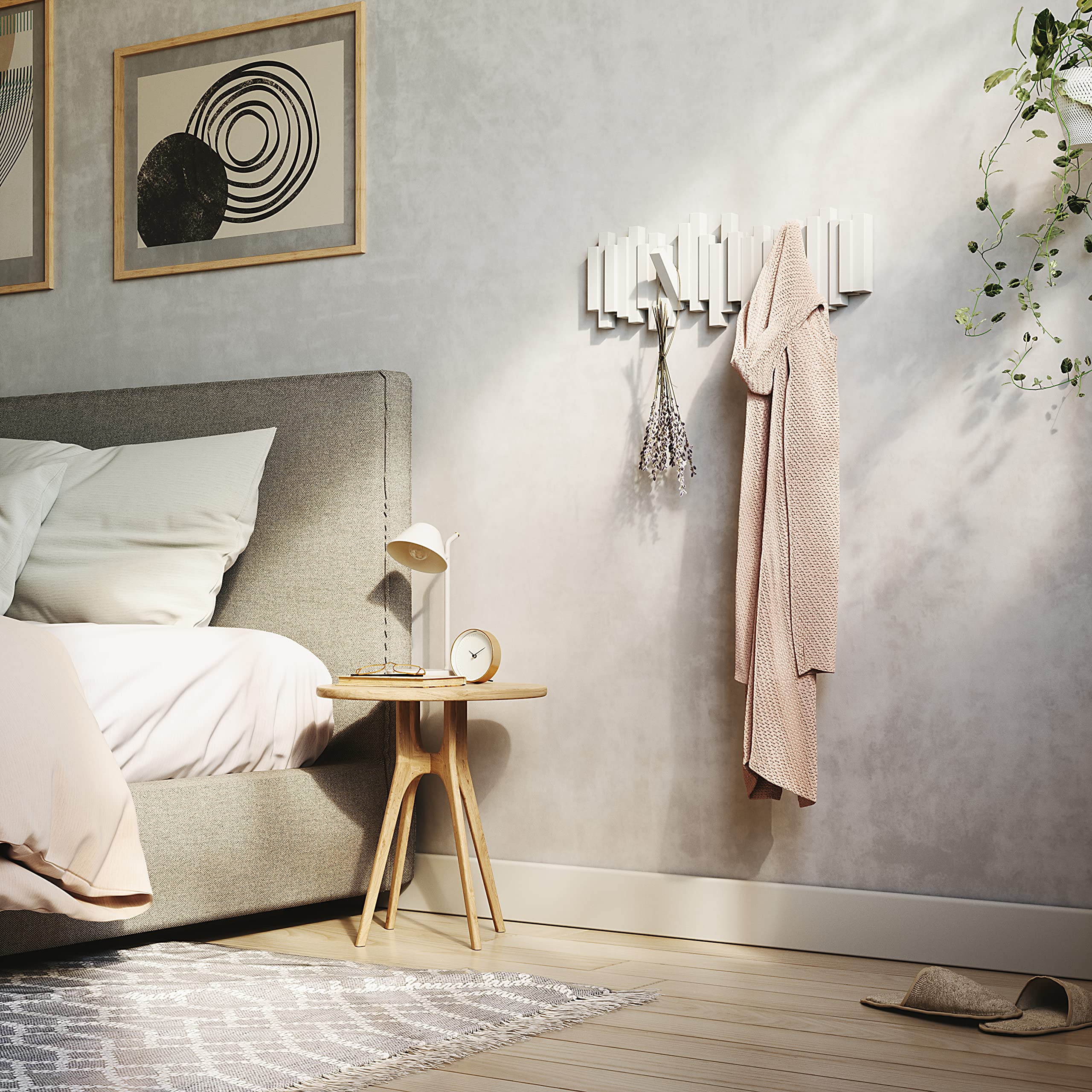 Umbra Sticks Wall-Mounted Coat Rack - 5 Retractable Pegs | Modern Design | White Plastic 9