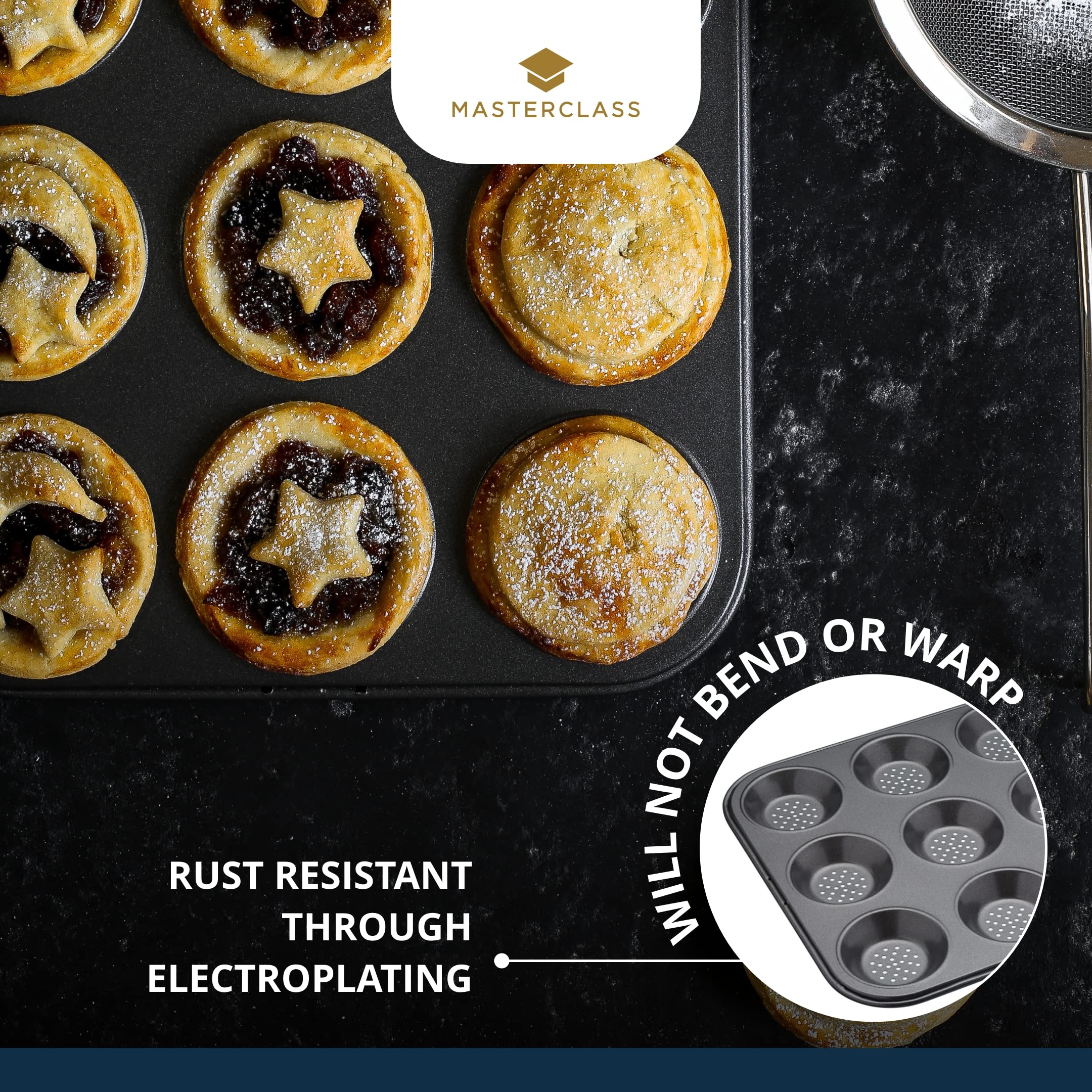 MasterClass KCMCCB29 Crusty Bake Perforated Mince Pie Tray | 12 Holes | 32 x 24cm | Carbon Steel 5