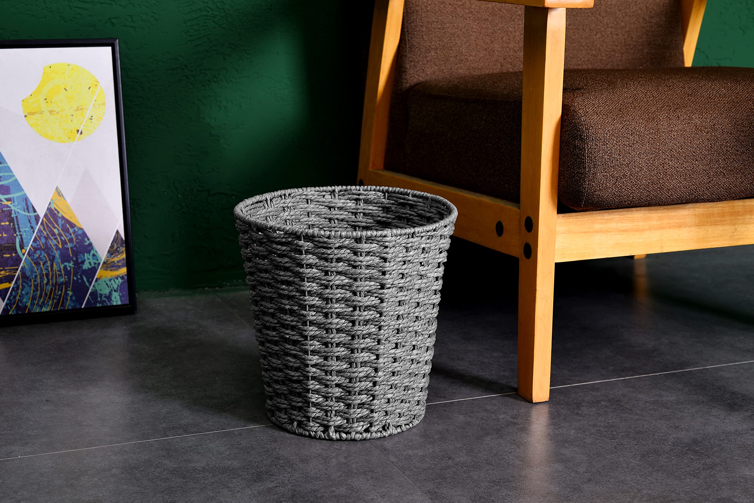 Zuvo Round Wicker Waste Paper Bin - Hand Woven Jute | Grey | 25x25x18 cm 3