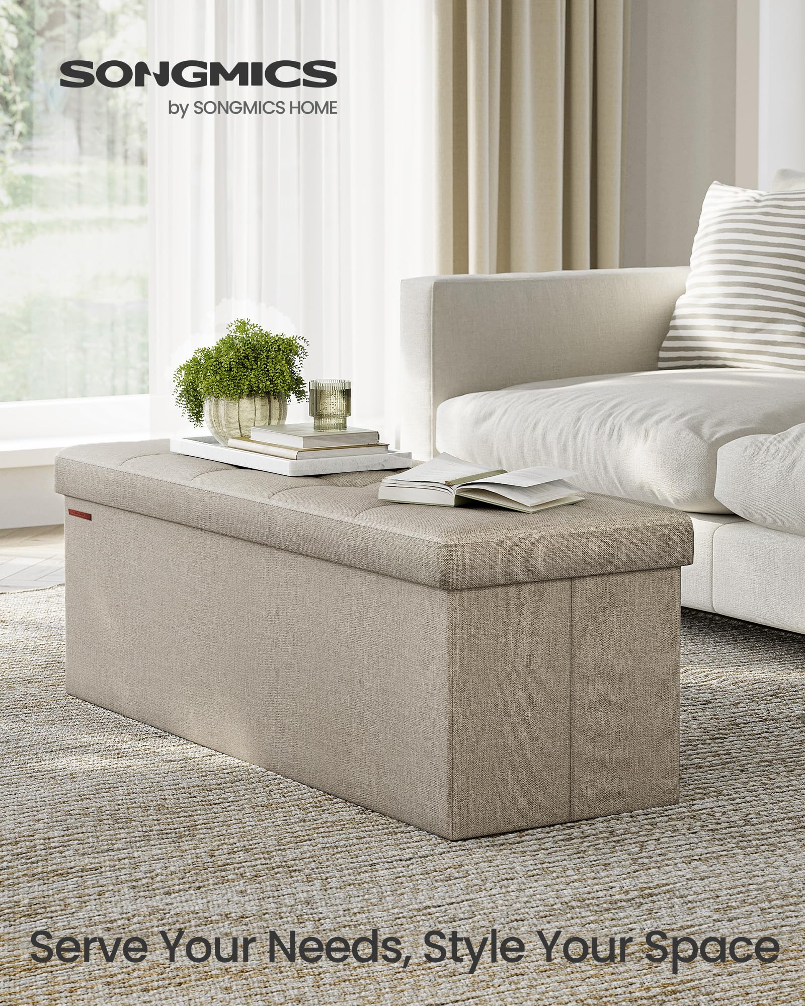 SONGMICS MAZIE Storage Ottoman Bench - 110 cm Folding Foot Rest | 131L Capacity | Camel Brown 2