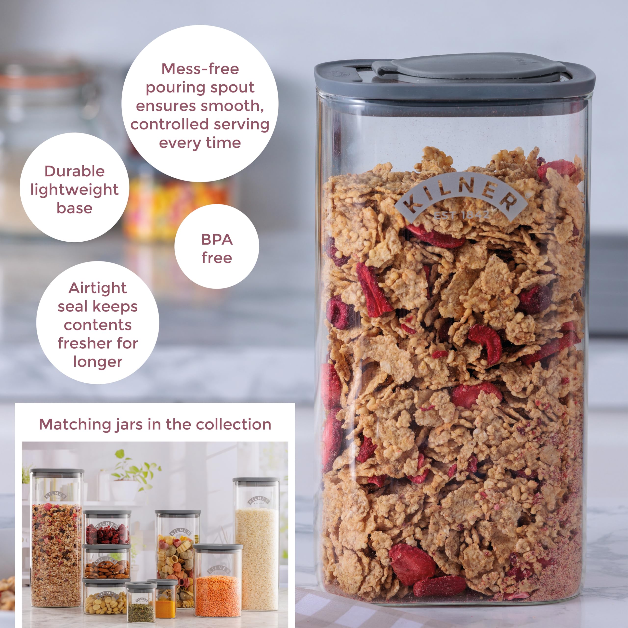 Kilner 3 Litre Glass Cereal Dispenser - Airtight Seal & Pouring Spout | Durable Borosilicate Glass 6