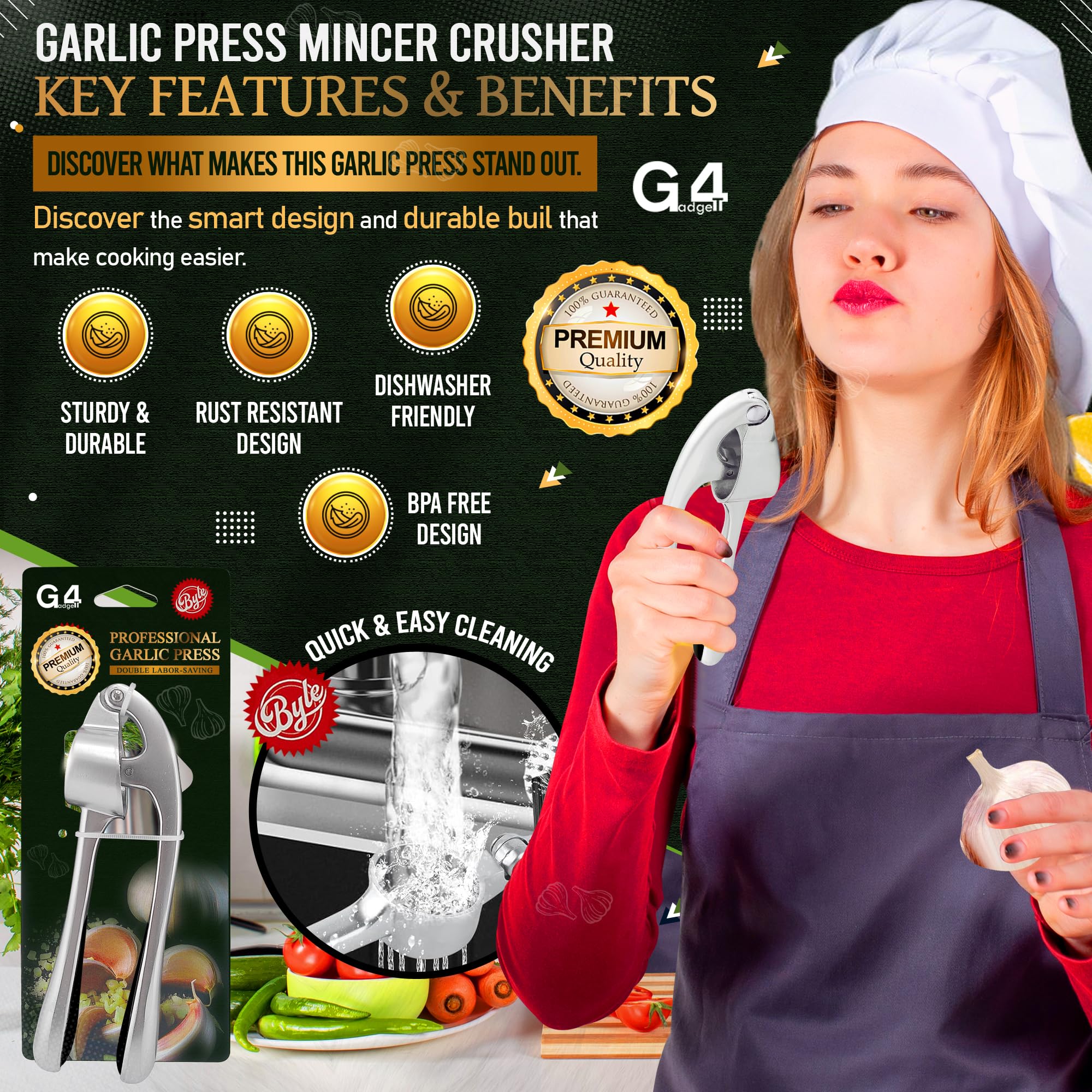 G4GADGET Heavy Duty Garlic Press Mincer Crusher | Aluminium | Dishwasher Safe 5