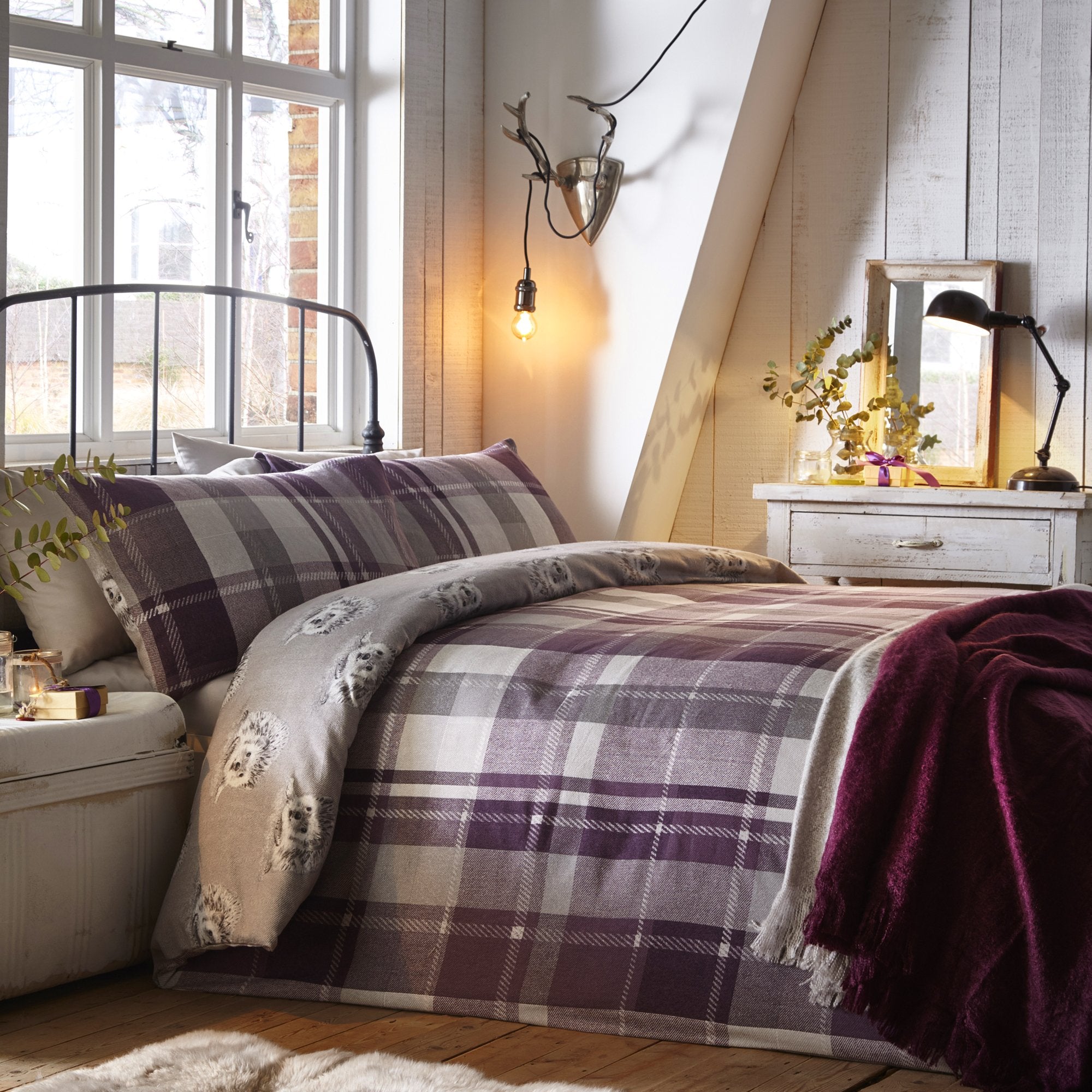 Dreams & Drapes Colville Check Duvet Cover Set - 100% Brushed Cotton, Plum, King Size (3 Pieces) 1
