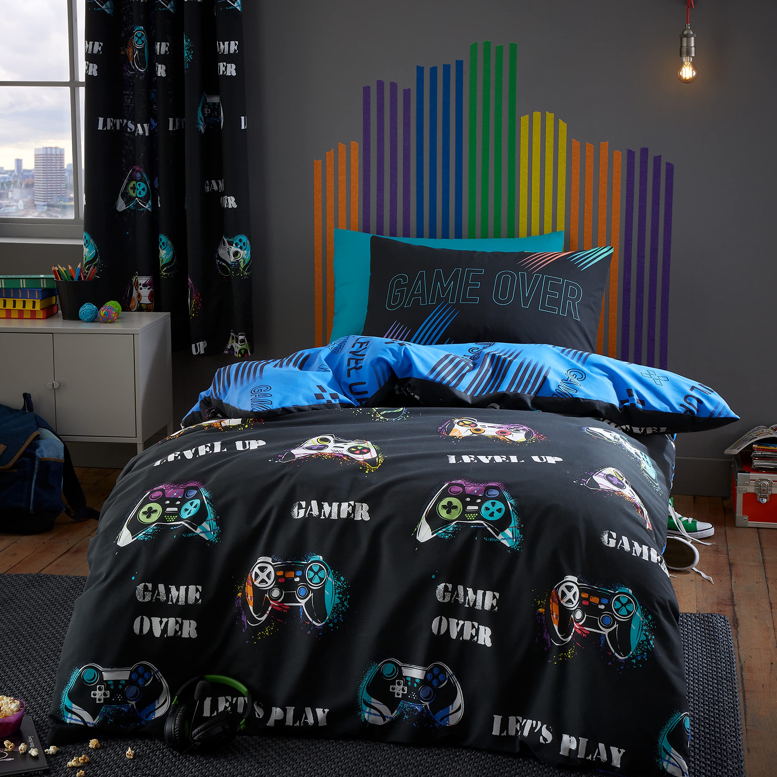Catherine Lansfield Game Over Reversible Polycotton Double Duvet Cover Set, Black 1