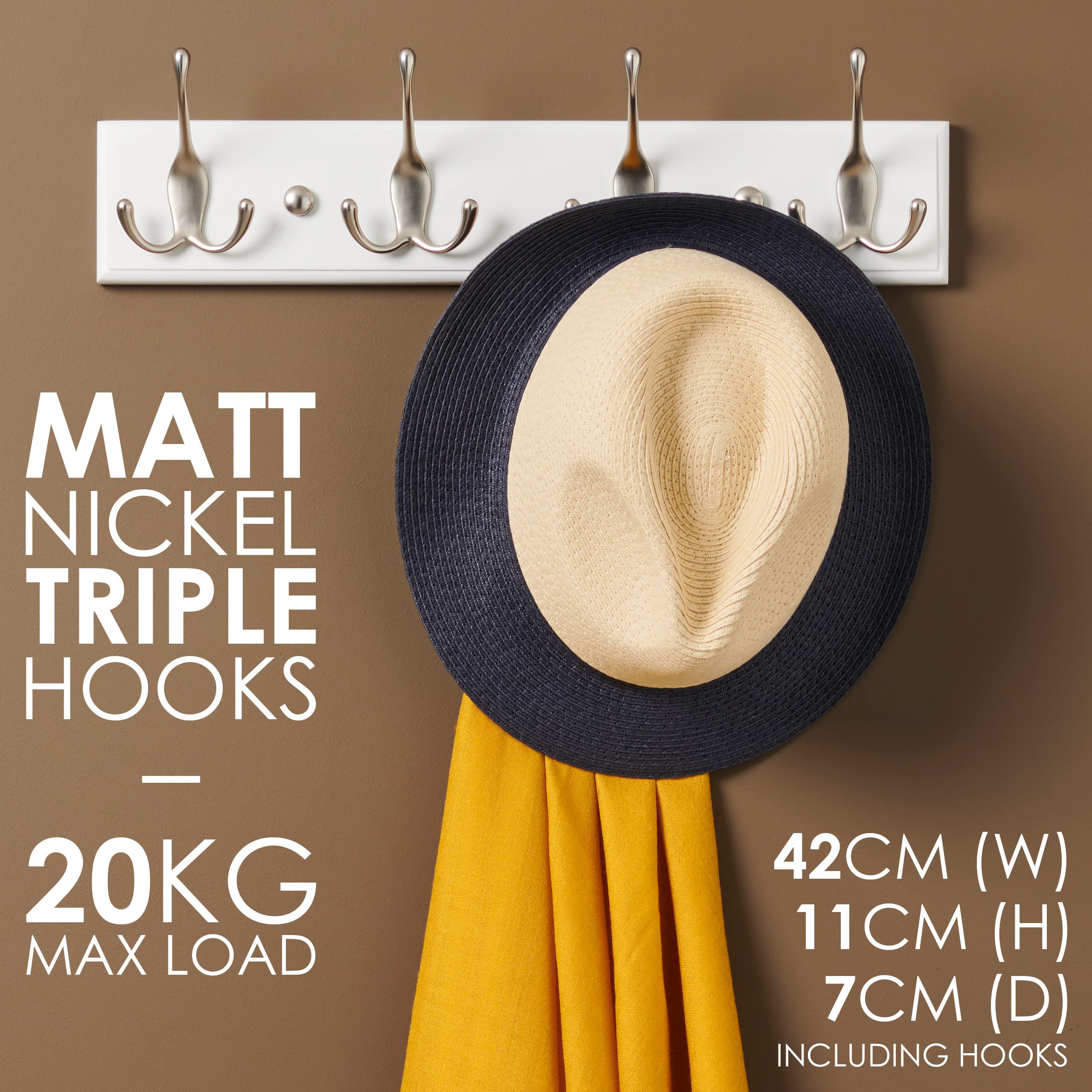 LARHN Wall-Mounted Coat Rack - 4 Matt-Nickel Triple Hooks on White Bamboo Base | 42 cm Wide | All Fixings Included