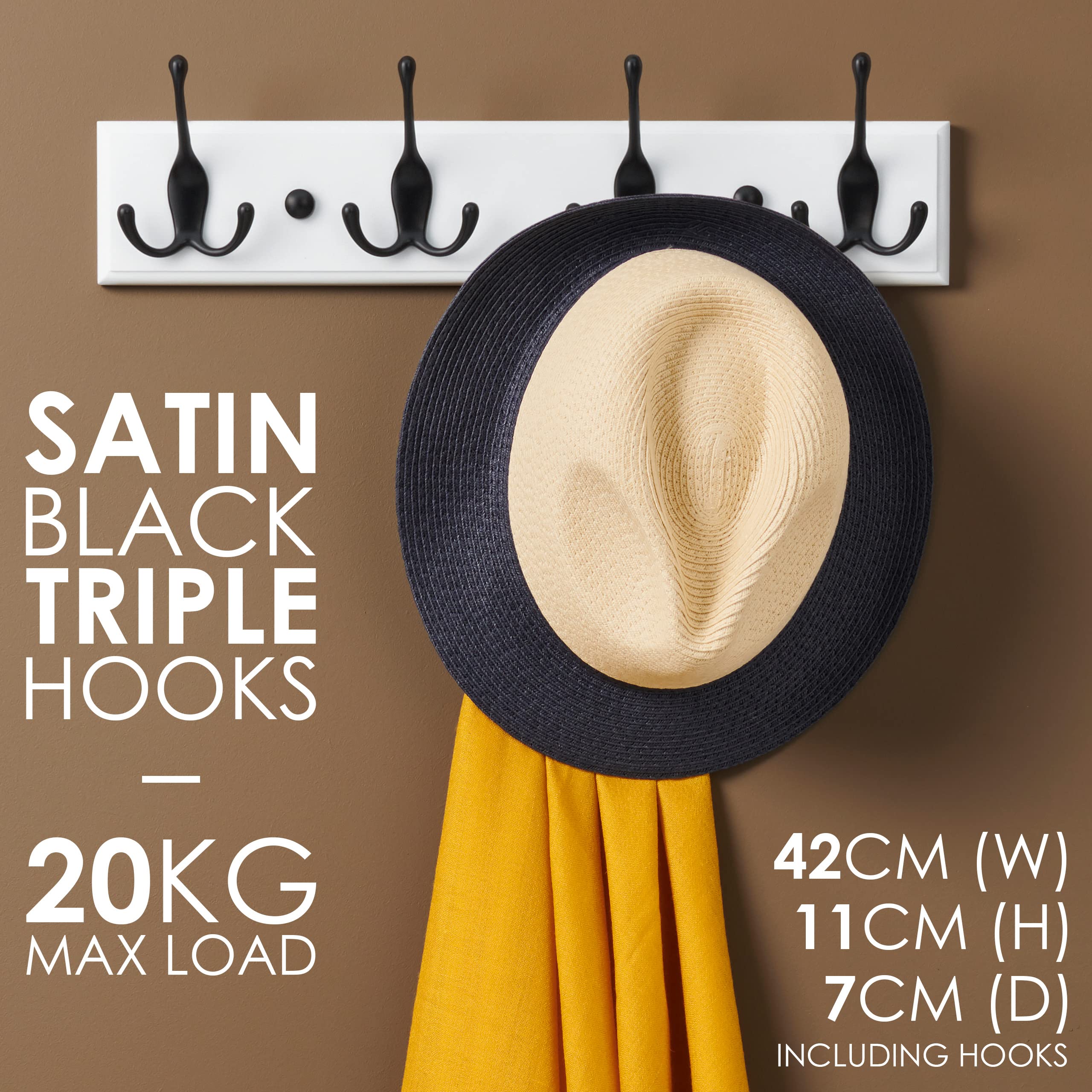 LARHN Wall Mounted Coat Rack - Heavy Duty Triple Hooks, Black Wood | 4 Hook Size