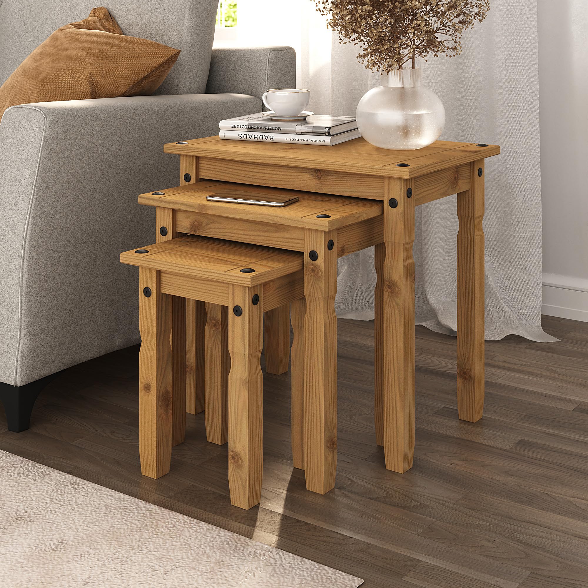 Mews Corona Nest of Tables - Solid Pine, Wax Finish, Black Metal Hardware | (W) 53cm 1