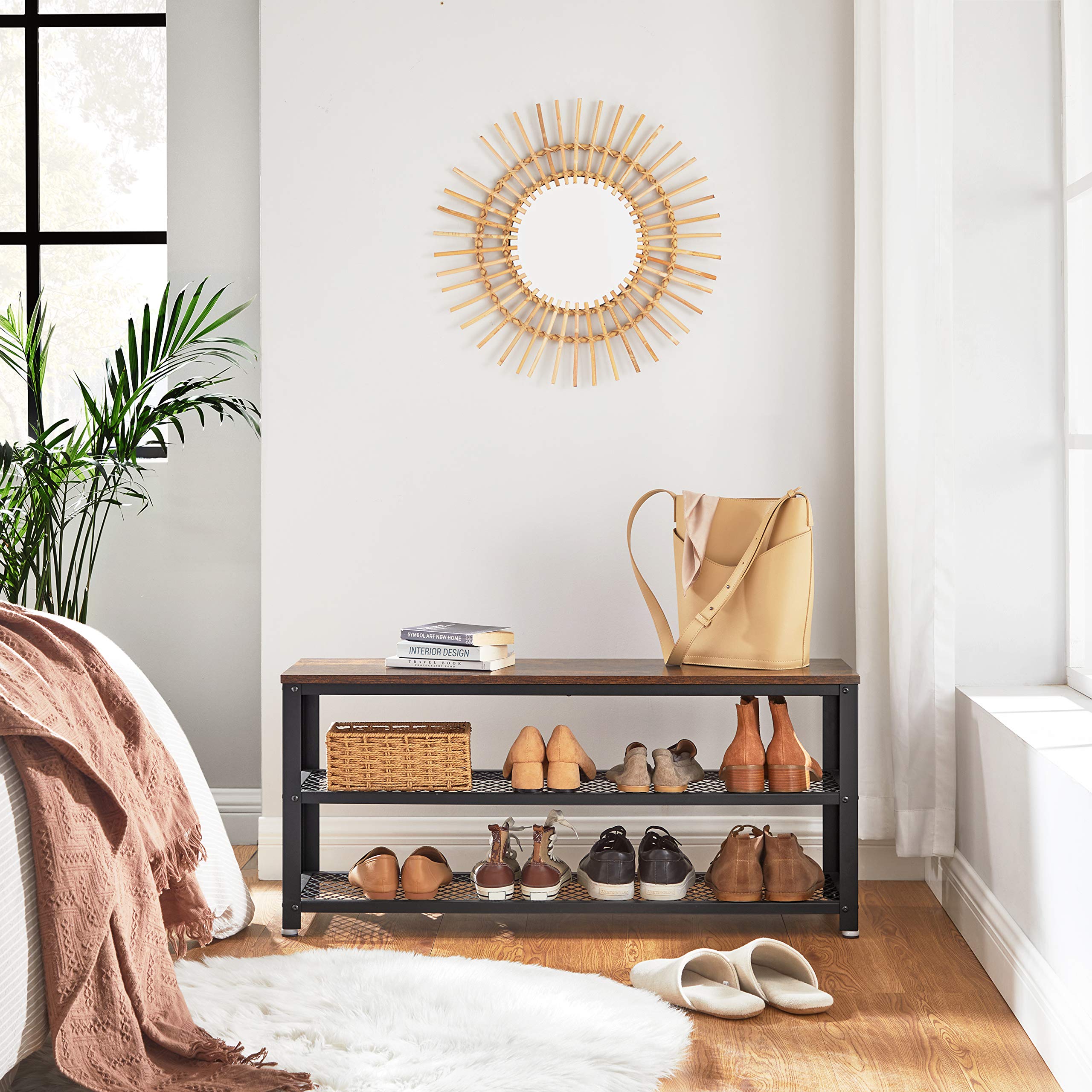 VASAGLE Shoe Storage Bench with 2 Shelves - 100 cm Wide, Industrial Style | Rustic Brown & Black 4