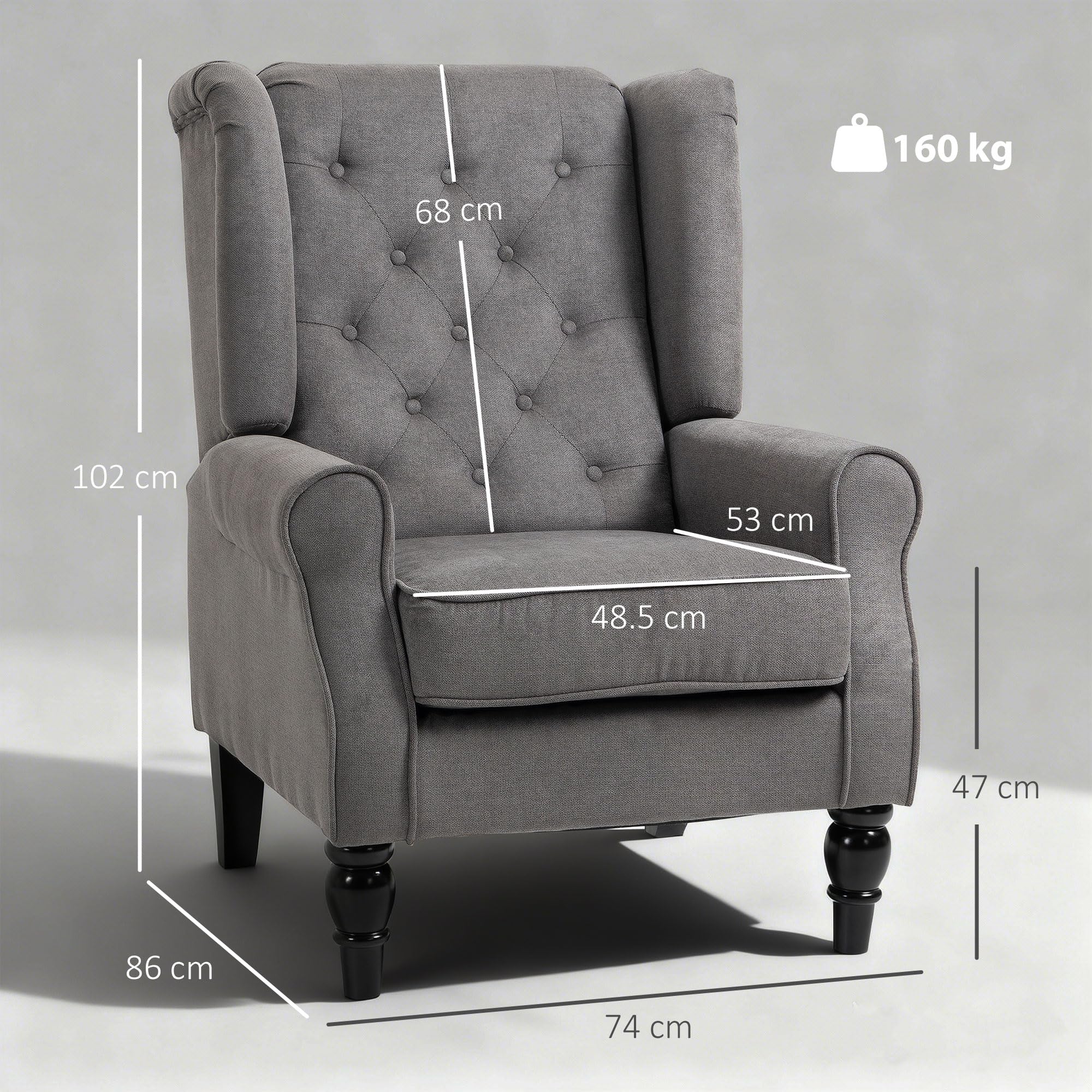 HOMCOM Retro Wingback Armchair - Snow Flannel, Button Tufted, Dark Grey | Supports 160kg 3