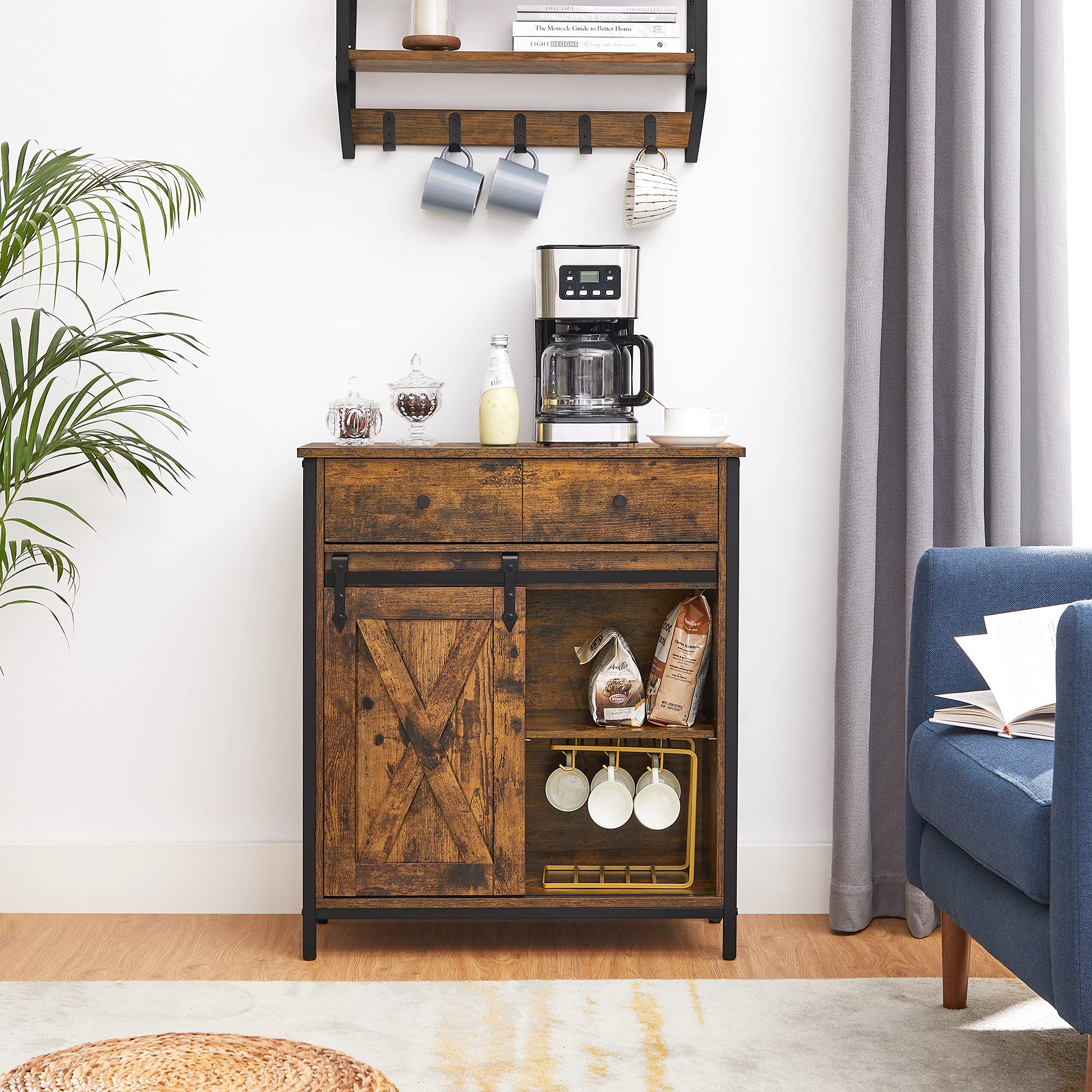 VASAGLE Storage Cabinet - Industrial Rustic Brown Sideboard with Sliding Barn Door | 1 Drawer, Adjustable Shelves 9
