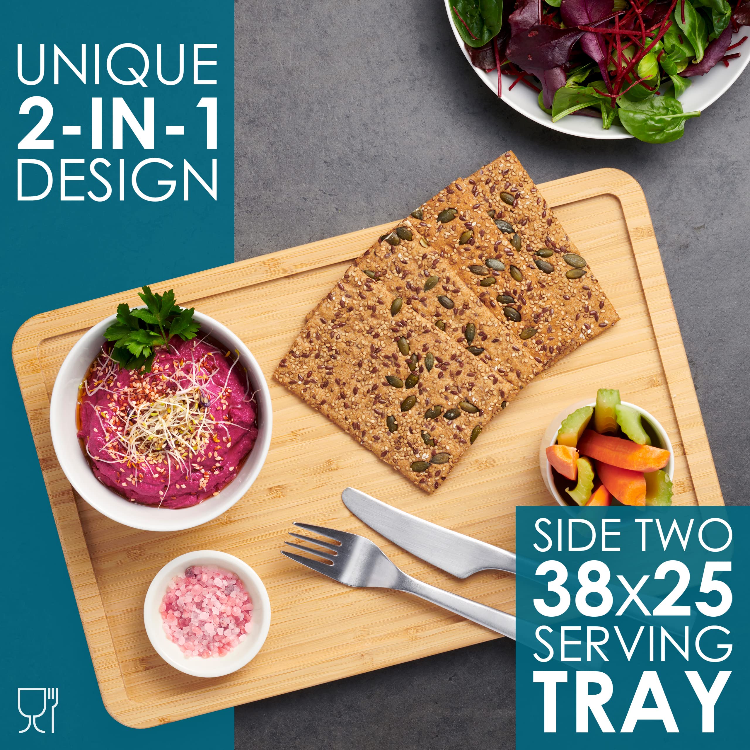 LARHN Premium Organic 2-in-1 Wooden Chopping Board & Serving Tray | 38x25x2 cm Bamboo 3