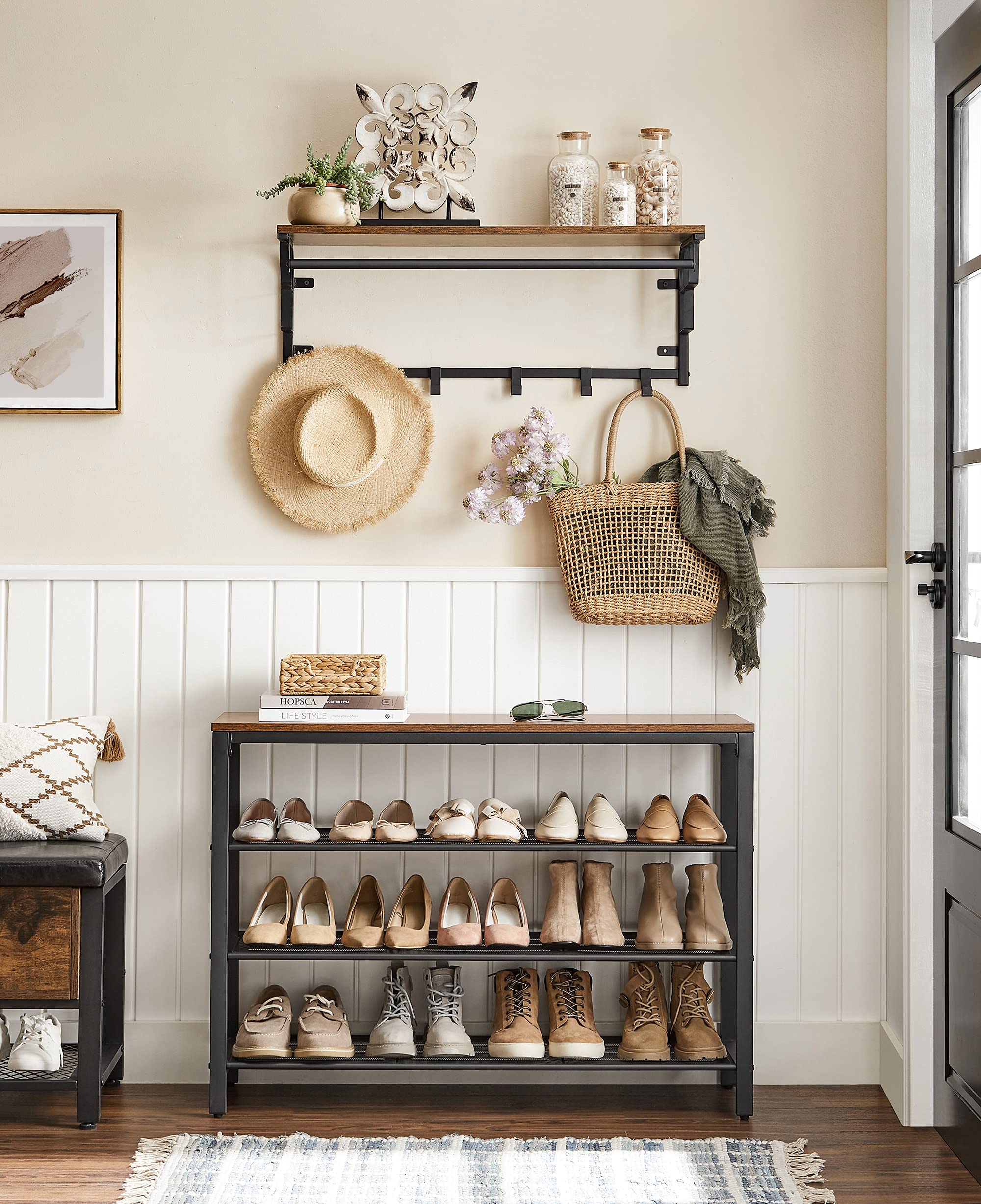 VASAGLE Shoe Rack - 4 Tier Metal Organizer | 100 x 30 x 72 cm | Rustic Brown + Black 2