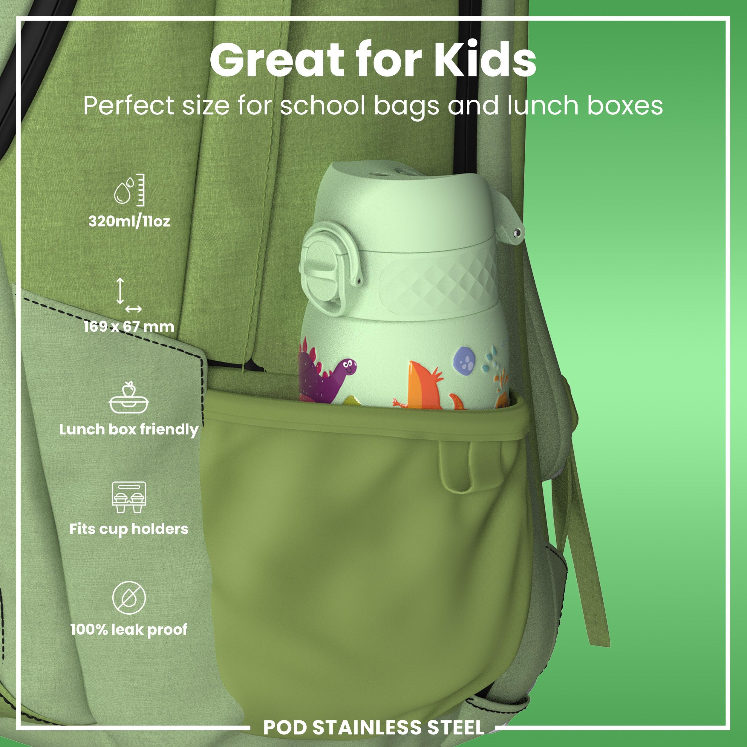 Ion8 Vacuum Insulated Steel Water Bottle - 320 ml/11 oz | Leak Proof | Dinosaurs