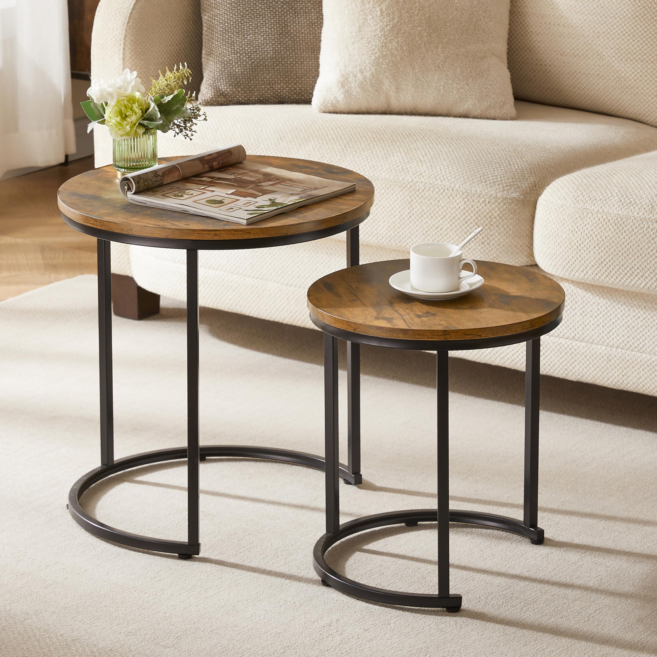 Vida Designs Brooklyn Nest of 2 Round Tables - Industrial Style | Dark Wood | Space Saving 3