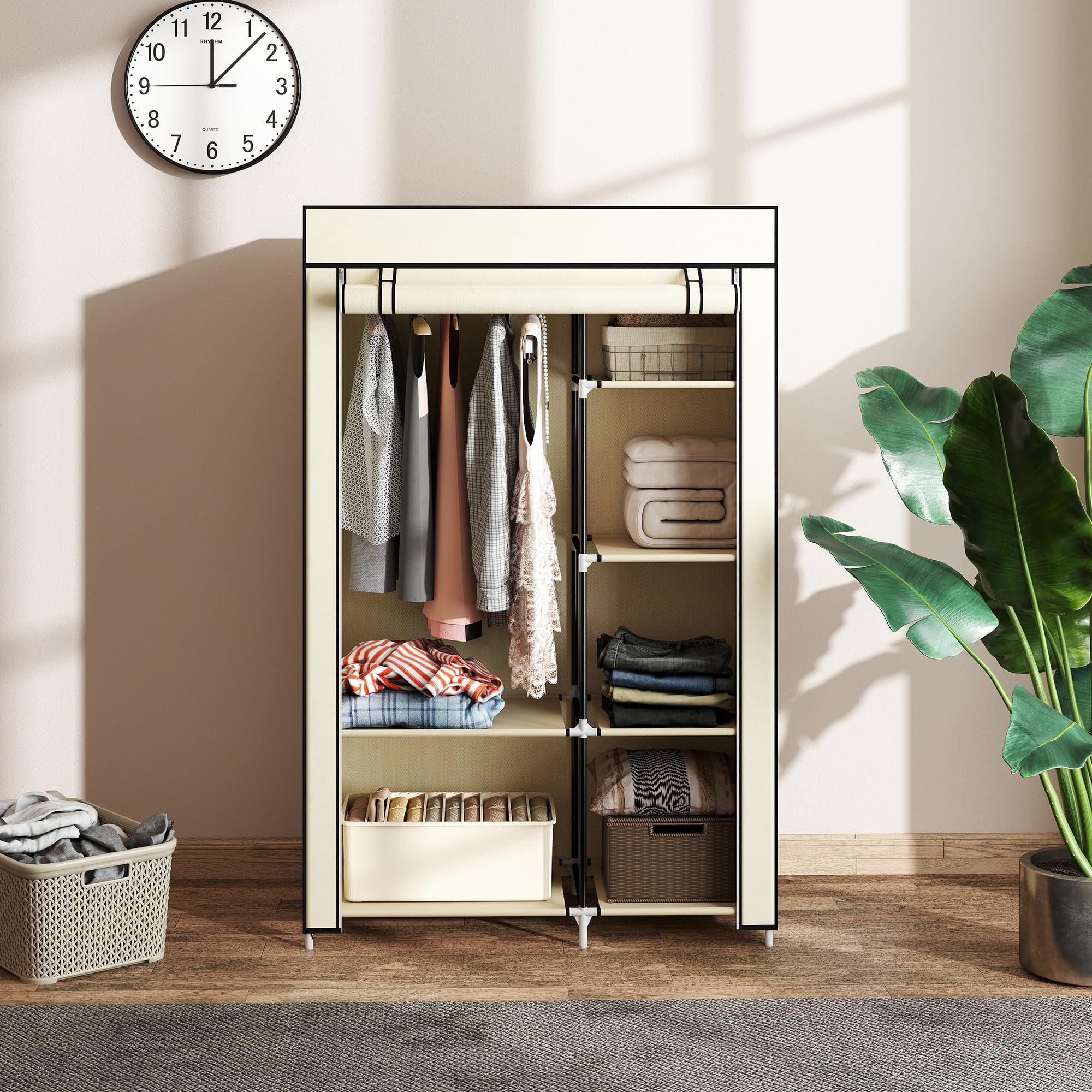 HOMCOM Portable Fabric Wardrobe - 6 Shelves, Hanging Rail | Cream White | 103W x 43D x 162.5H cm 6