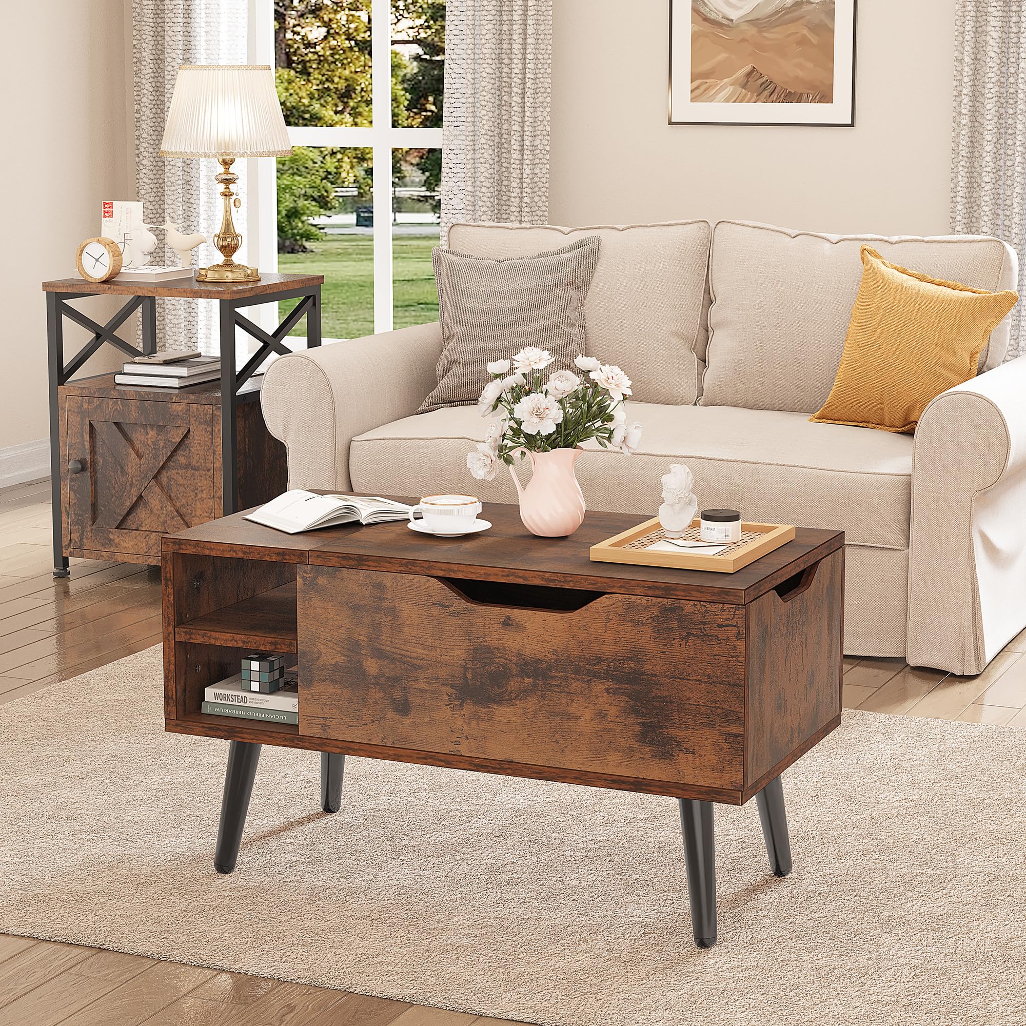 YITAHOME Lift Top Coffee Table - Rustic Brown | Hidden Storage | Removable Side Drawer | 80 x 40 x 61.5 cm 6