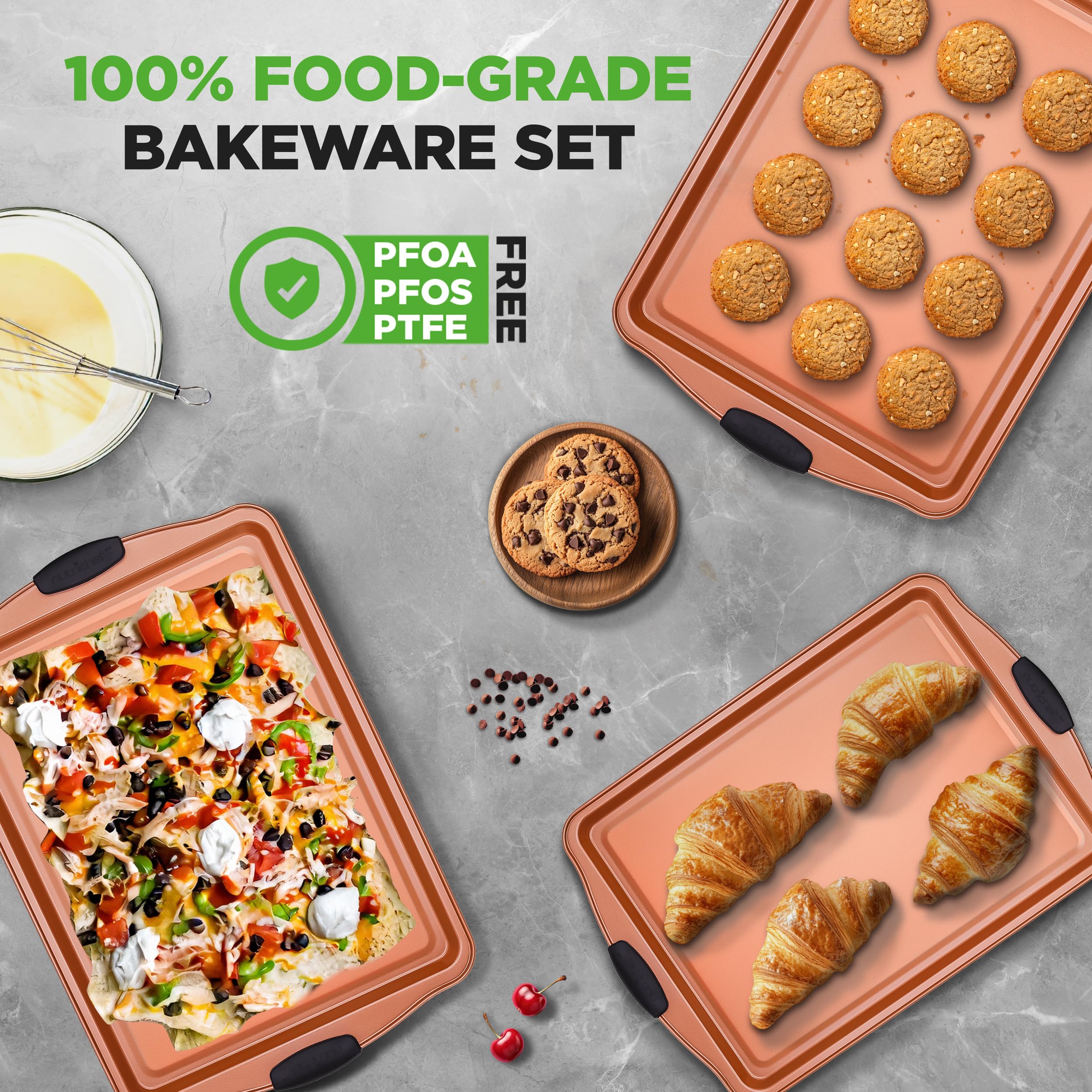 NutriChef 3-Piece Non-Stick Carbon Steel Baking Tray Set with Silicone Handles | Oven Safe to 230°C 5