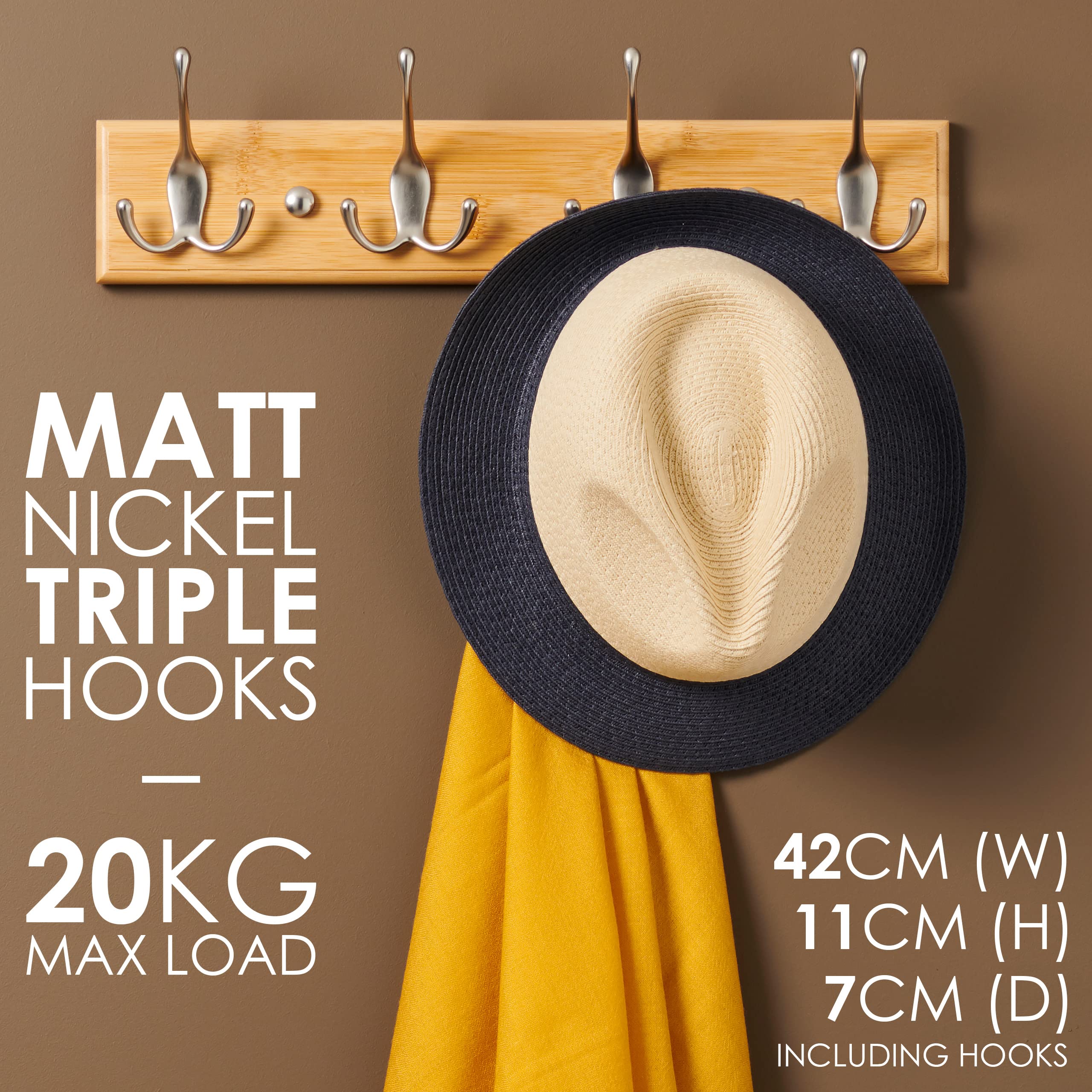 LARHN Wall-Mounted Coat Rack - 4 Matt-Nickel Triple Hooks on Bamboo Base | 42 cm Width