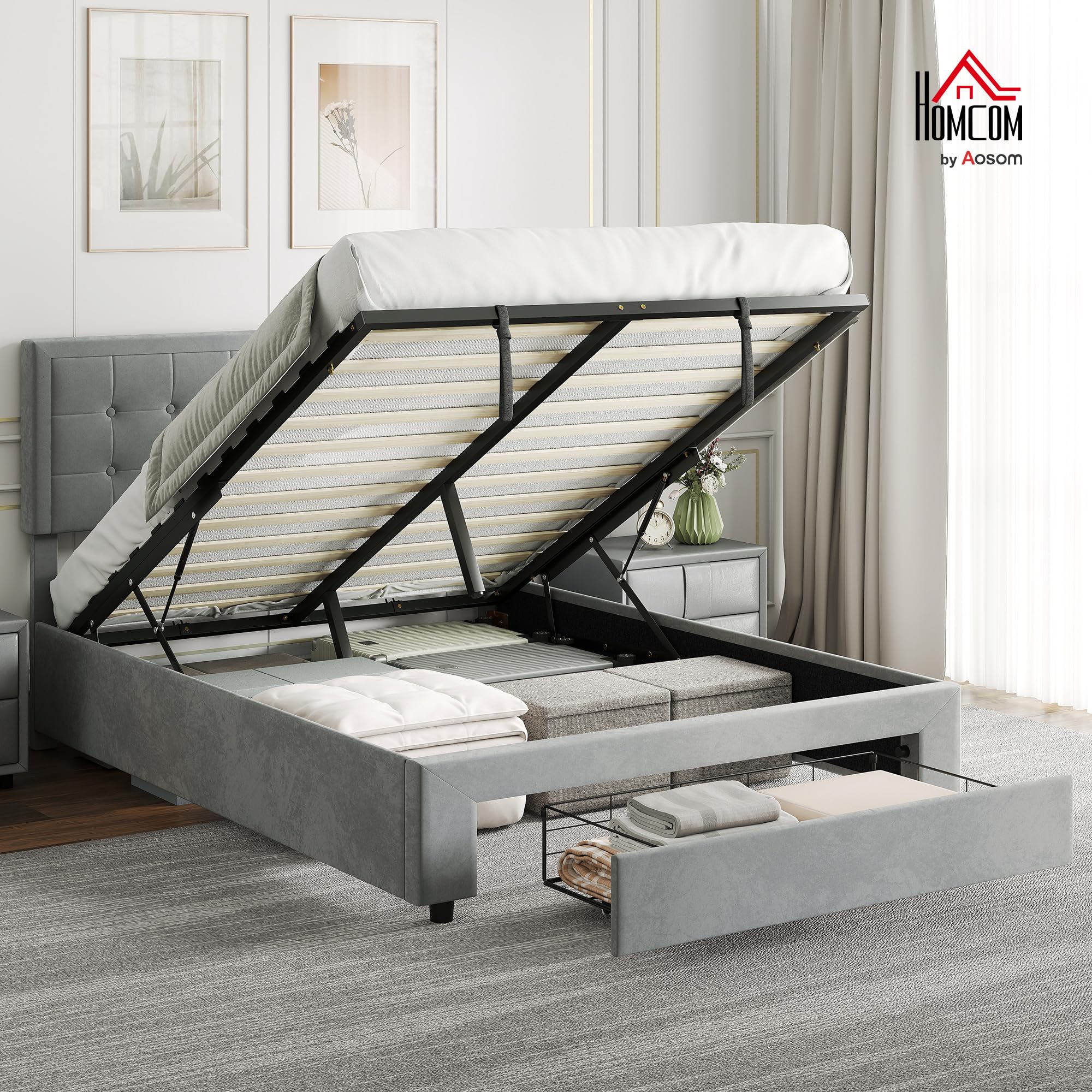 HOMCOM Upholstered Ottoman Bed Frame - Grey Double with Storage Drawer & Adjustable Headboard