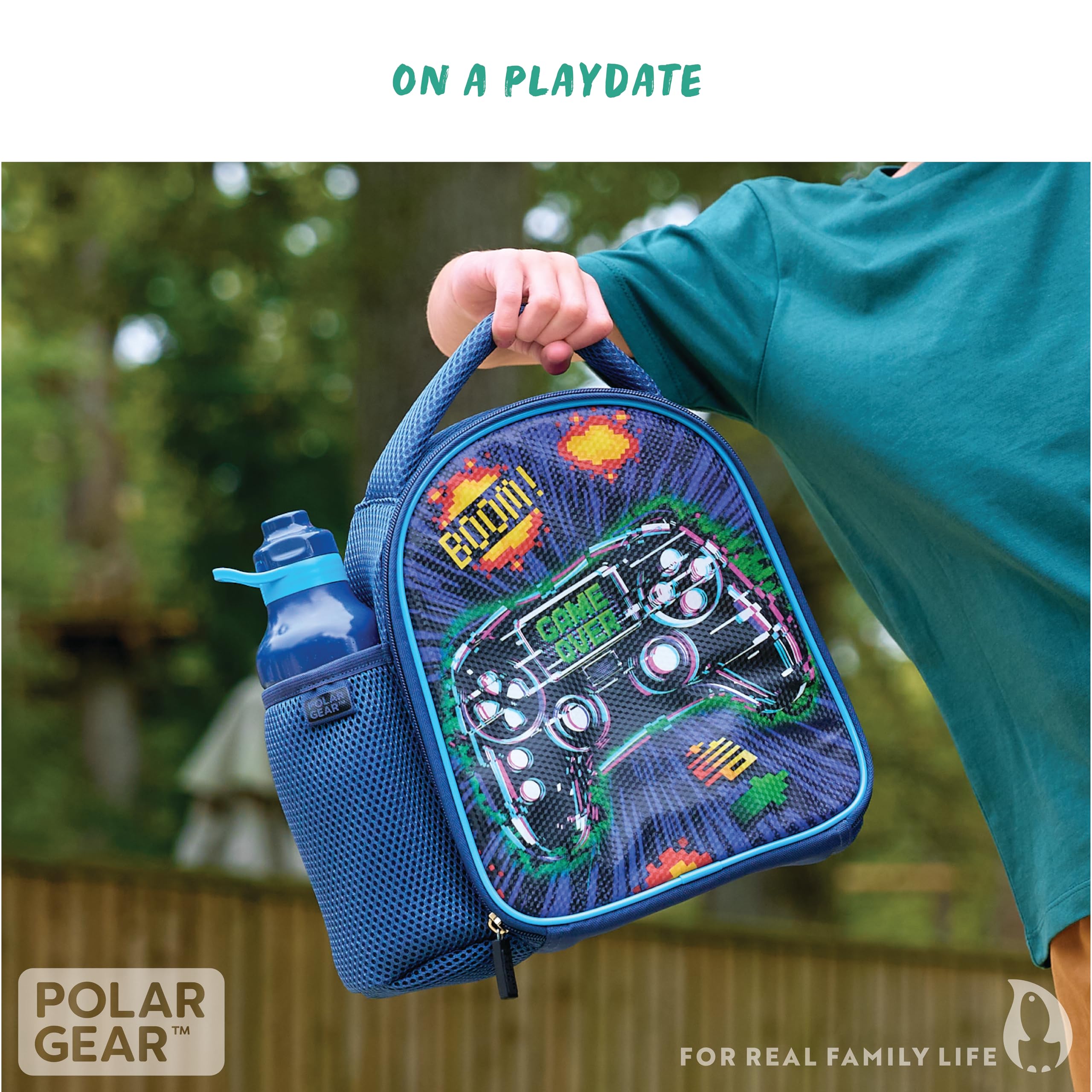 Polar Gear Gamer Pixel Insulated Kids Lunch Bag with 600ml Water Bottle | Polyester | Blue 7