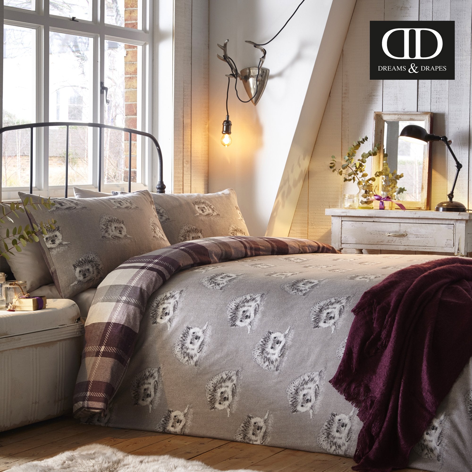 Dreams & Drapes Colville Check Duvet Cover Set - 100% Brushed Cotton, Plum, King Size (3 Pieces) 5