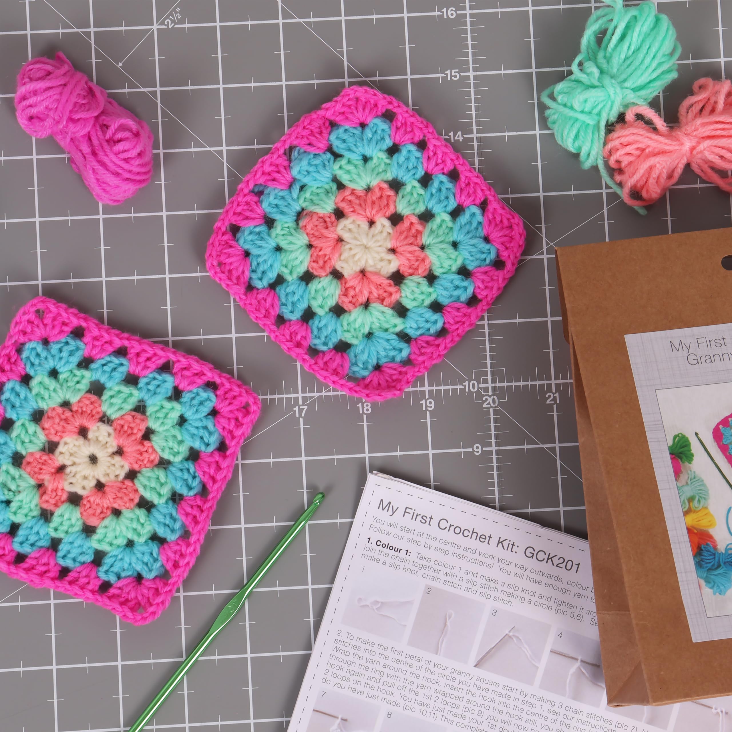 Trimits 'My First' Crochet Kit - Makes 4 Granny Squares | Polyester Yarn | Includes Hook 10