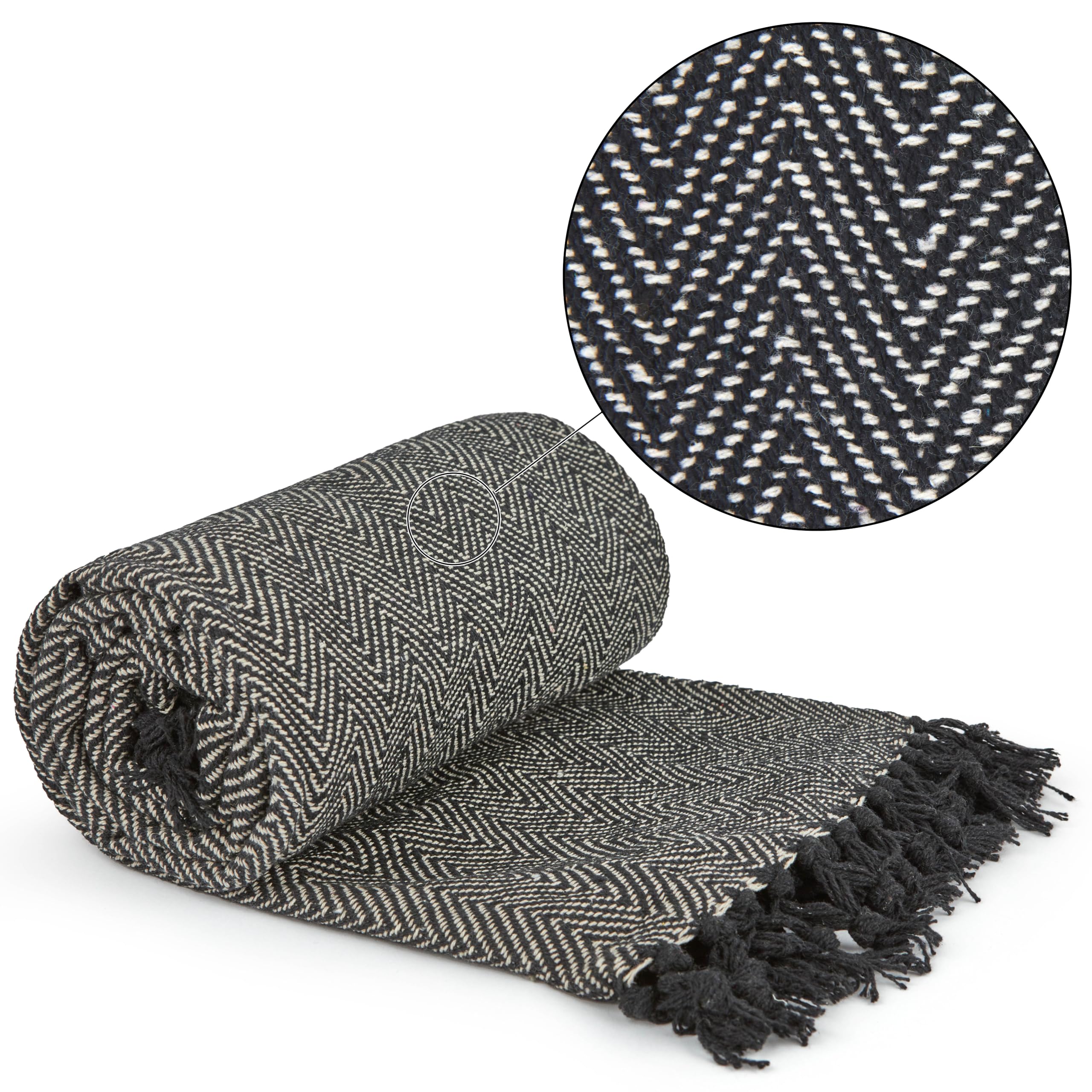 Emma Barclay Herringbone Recycled Cotton Throw Blanket - Black | 127x152cm | Machine Washable 1