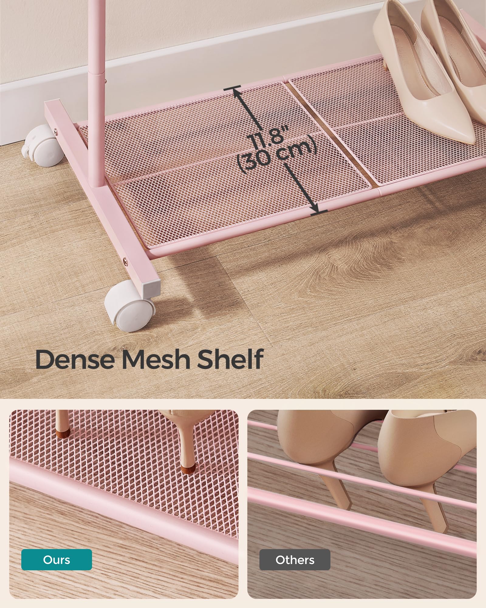 SONGMICS Clothes Rack on Wheels - Metal Rail with Storage Shelf | Pink | 74L cm 4