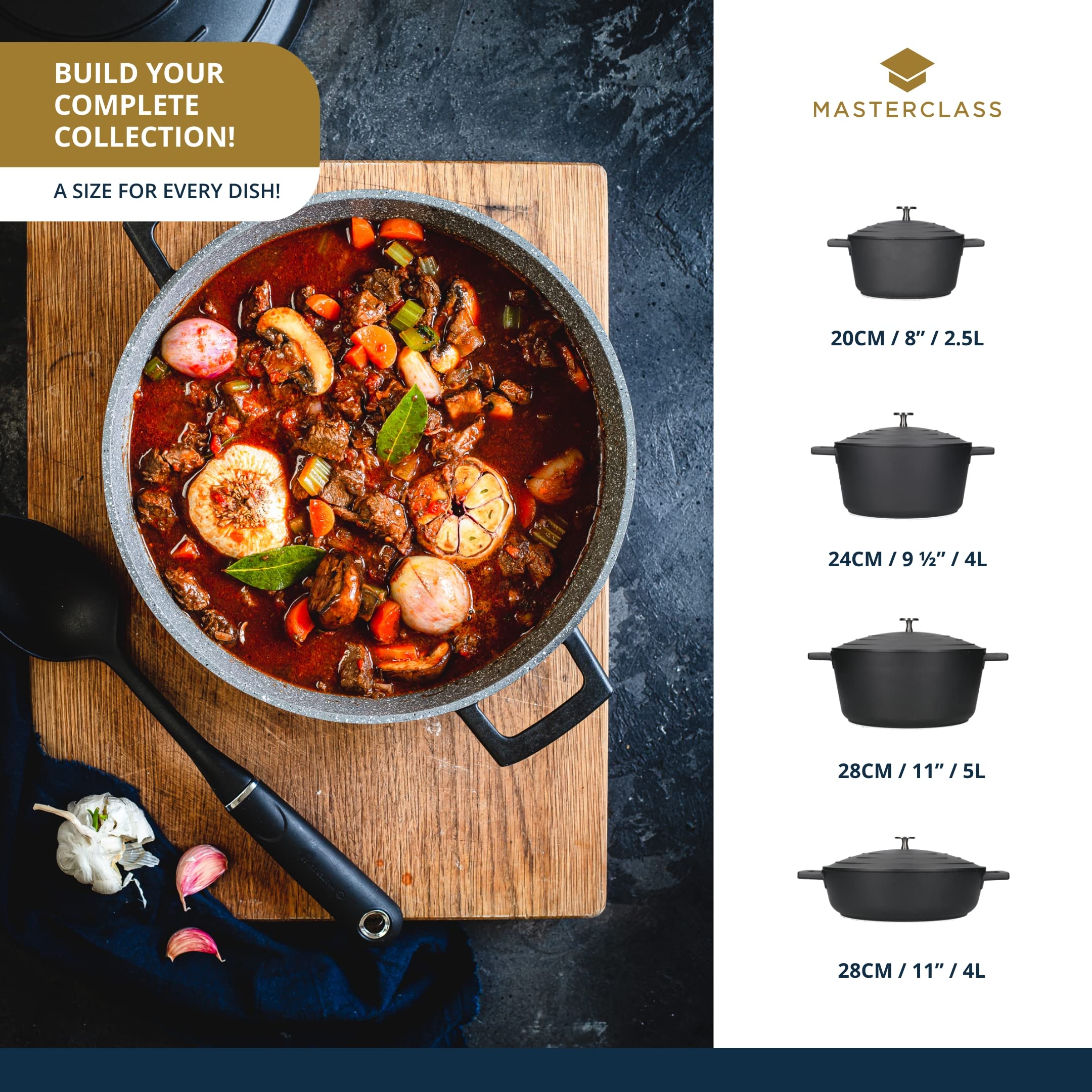 MasterClass Cast Aluminium Casserole Dish with Lid - 5L/28 cm, Lightweight, Induction Safe, Black 8