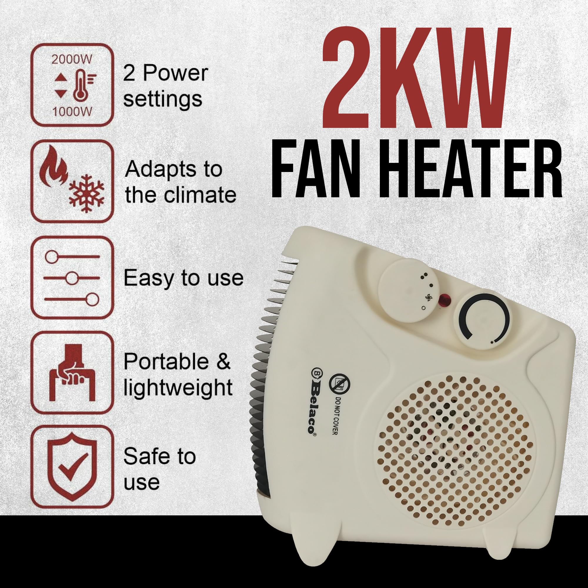 Belaco Portable Electric Fan Heater - 2 Heat Settings (1000W/2000W) | Adjustable Thermostat | Overheat Protection
