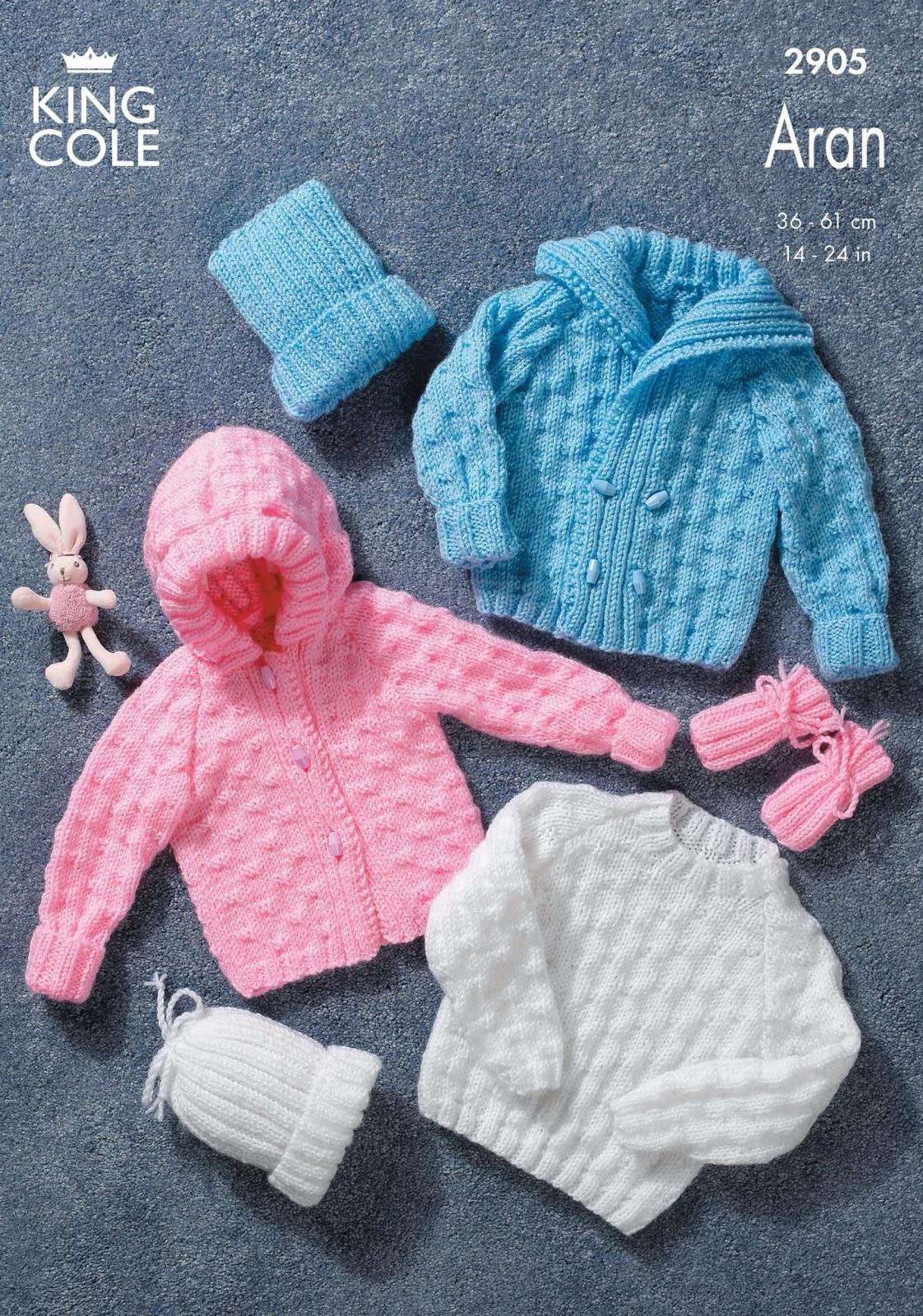 King Cole 2905 Aran Knitting Pattern Leaflet for Baby Sweater, Jacket, Mitts & Hat | Newborn to 3 Years 1