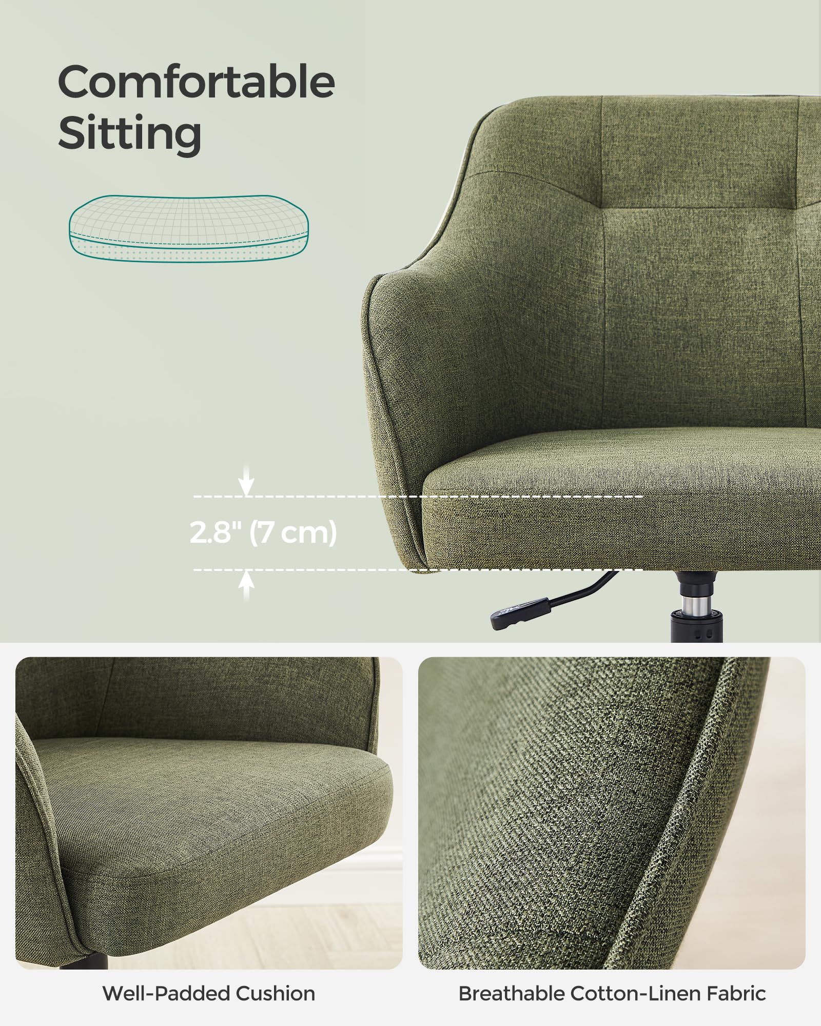 SONGMICS Office Chair - Adjustable Height Swivel Design | 110 kg Load Capacity | Green Cotton-Linen 6