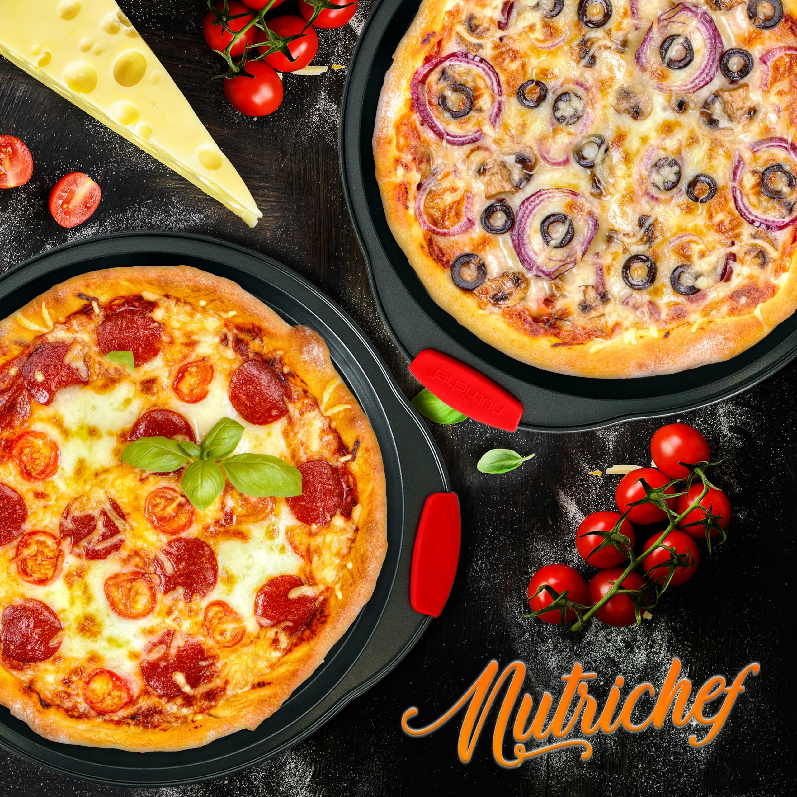 NutriChef 2-Pc. Non-Stick Pizza Tray - Round Steel with Perforated Holes | Dishwasher Safe 6