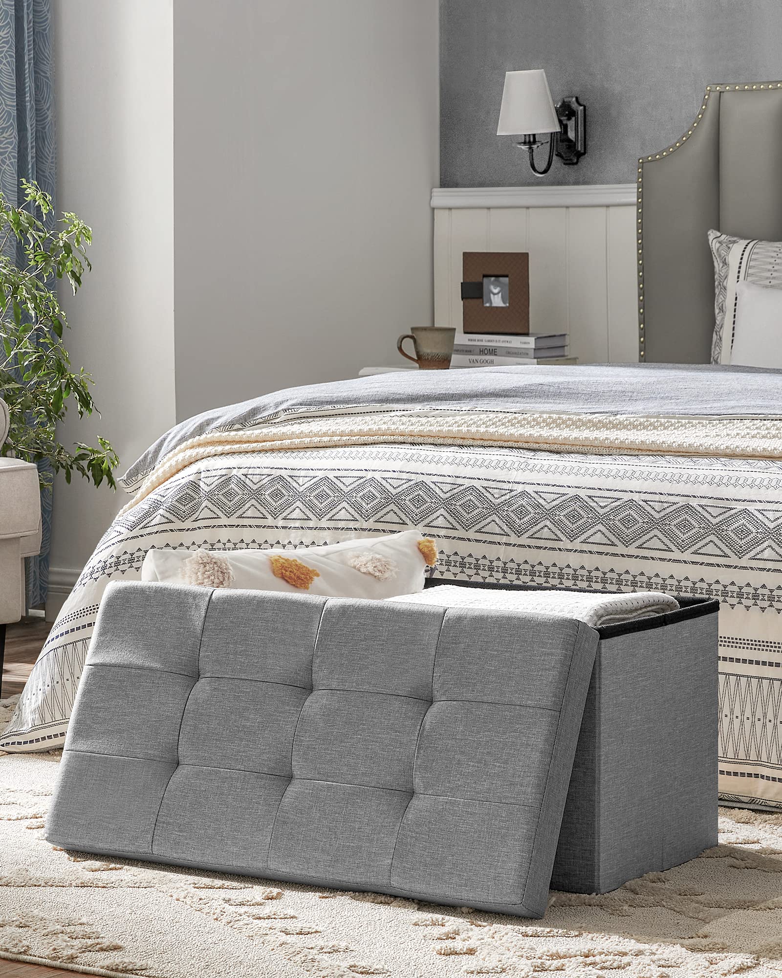 SONGMICS MAZIE Storage Ottoman Bench - 76 cm Folding Foot Rest | 300 kg Capacity | Light Grey 2