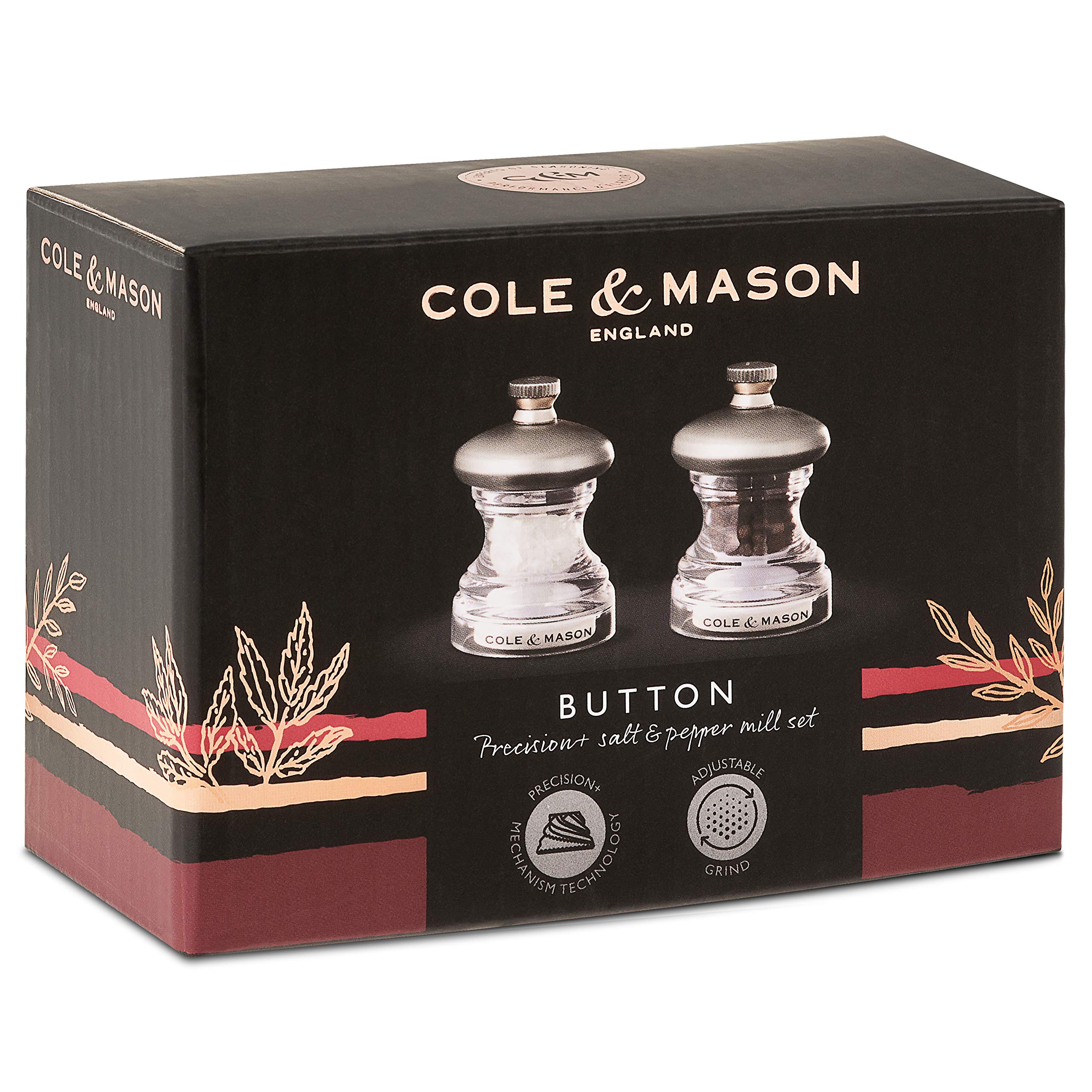 Cole & Mason Button Salt and Pepper Mill Set - 65mm, Adjustable Precision+ Mechanism | Stainless Steel/Acrylic 2