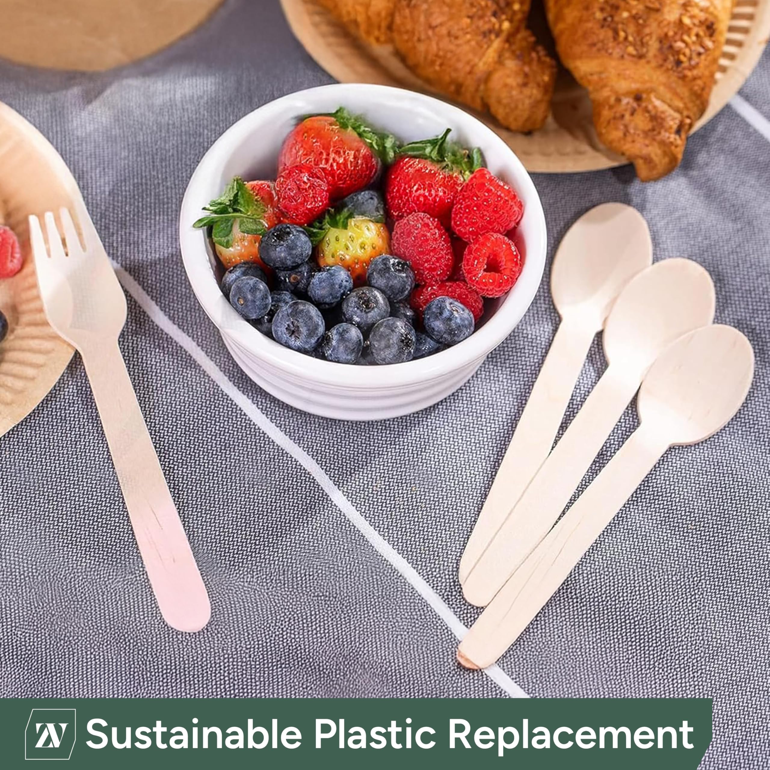 Zuvo Disposable Wooden Spoons - Pack of 100 | Eco-Friendly Birchwood Cutlery 5