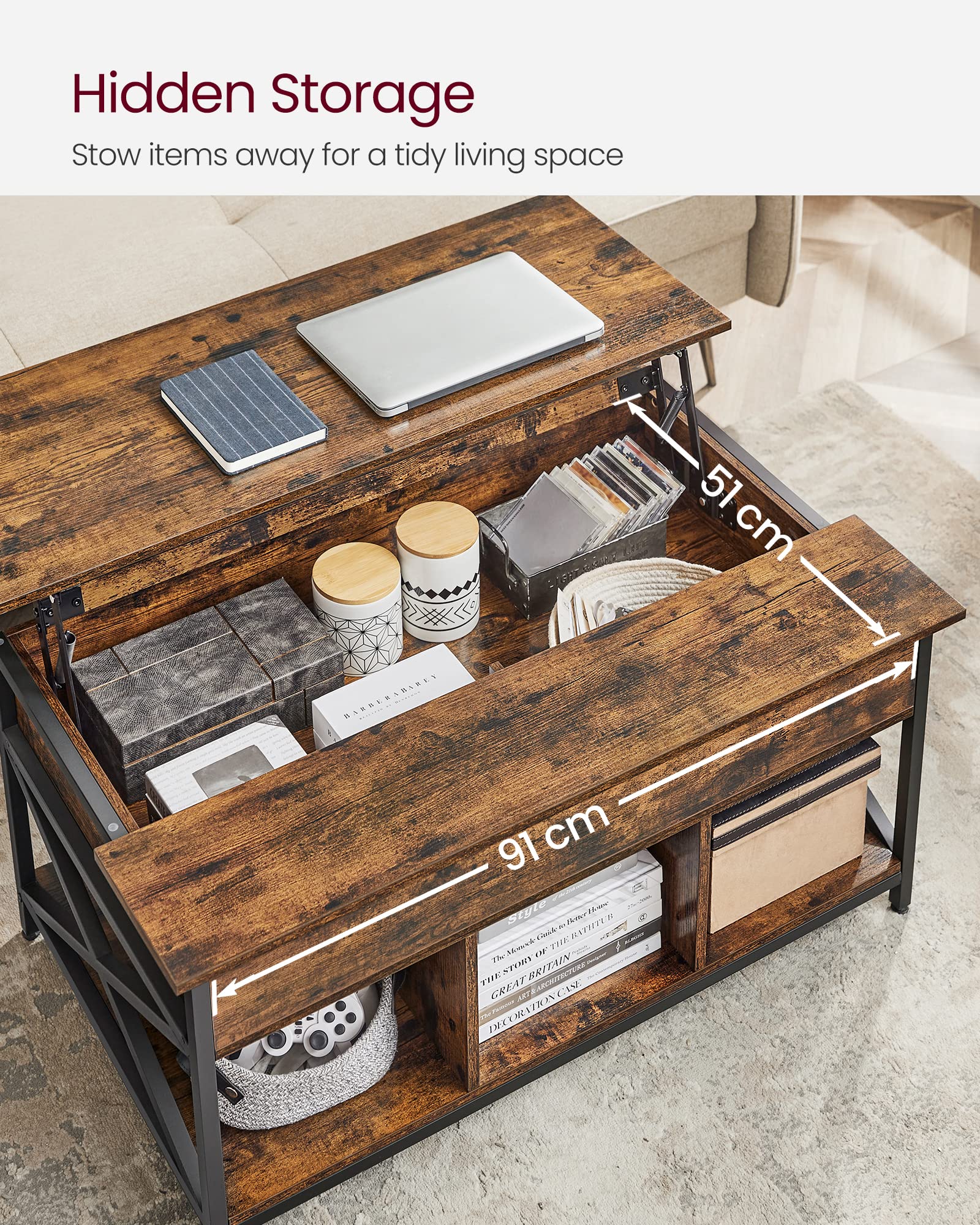 VASAGLE Lift-Top Coffee Table with Hidden Storage | Industrial Style | 60x100x52 cm 5