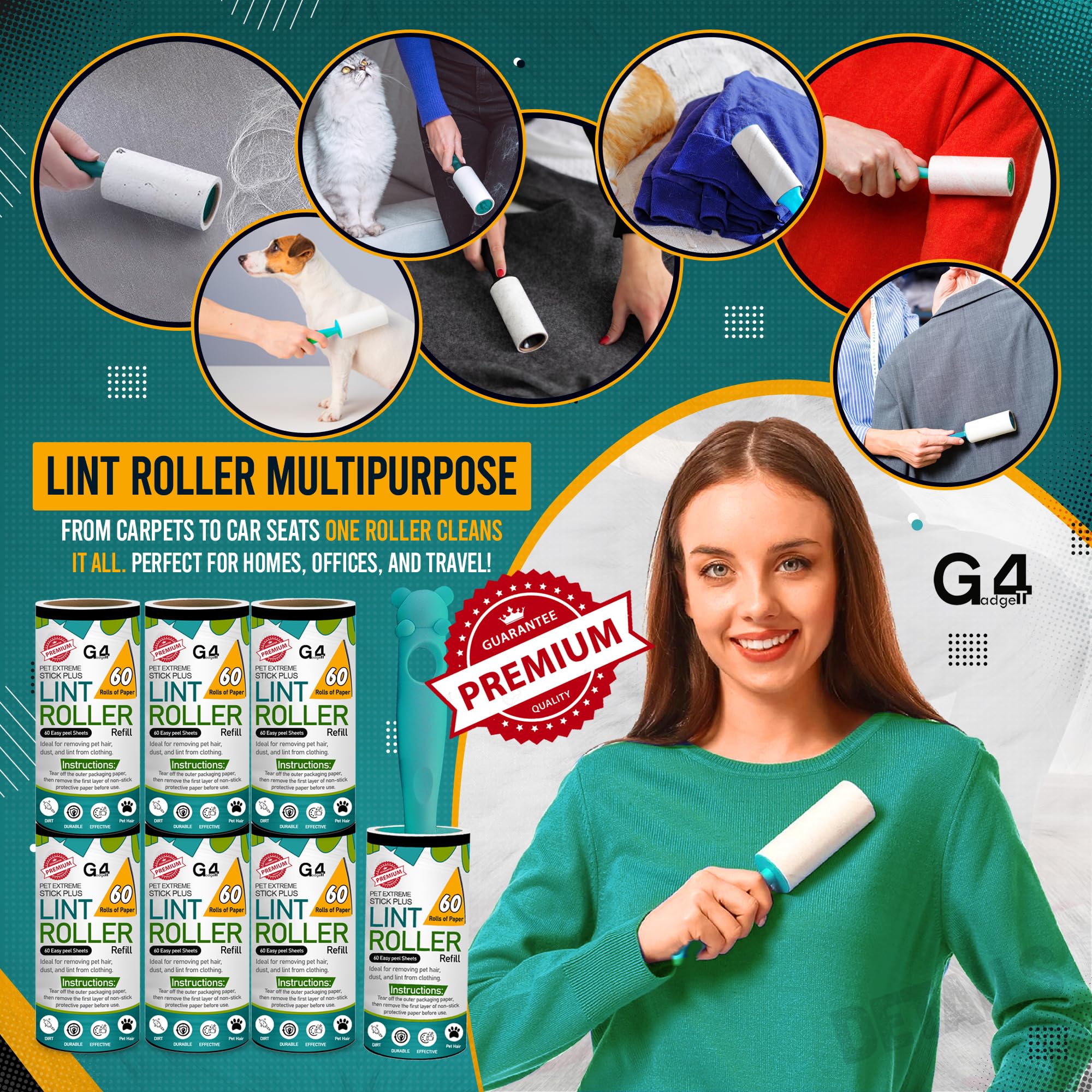 G4GADGET Lint Roller for Pet Hair - 7 Refills (420 Sheets) with Handle | Blue & Green 7