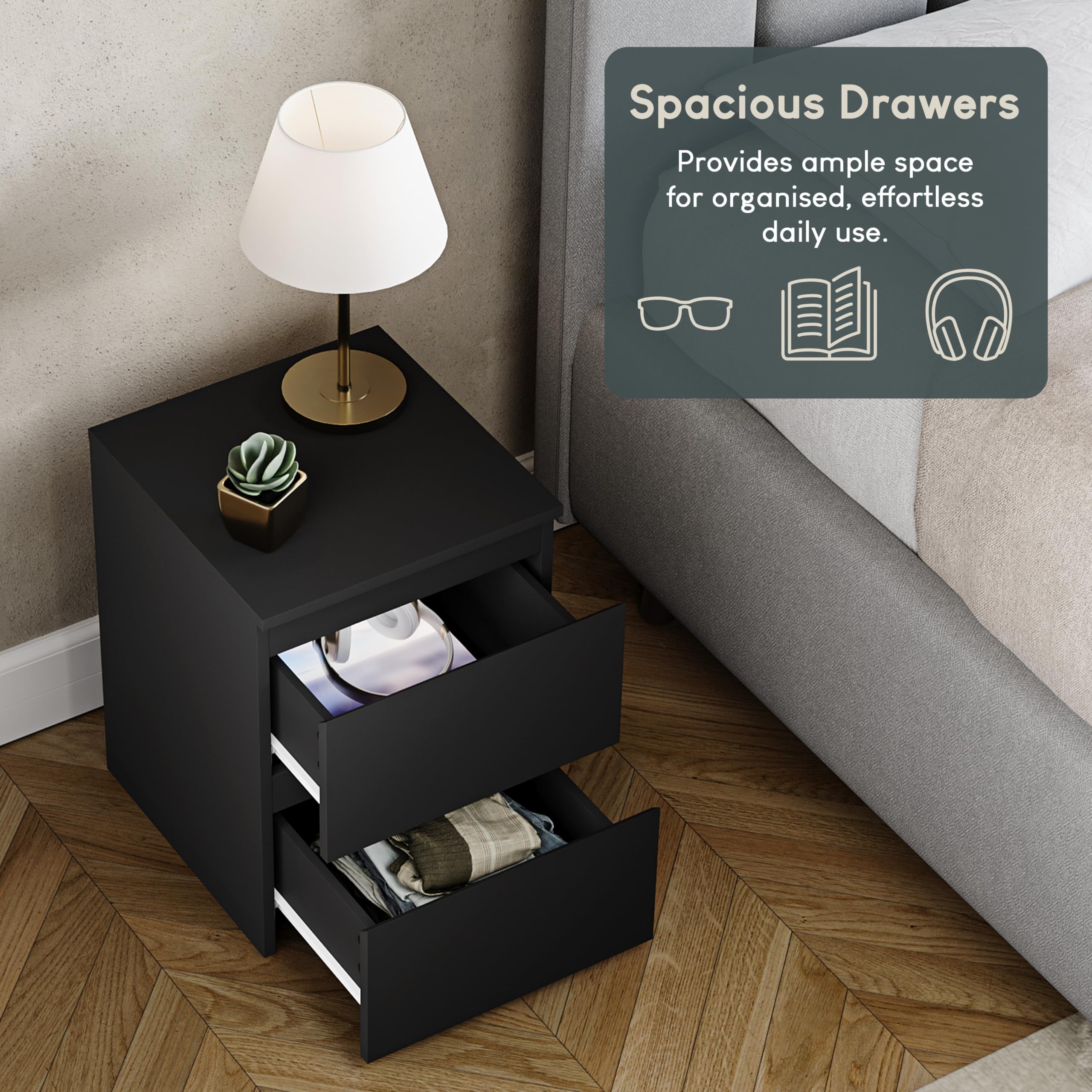 Vida Designs Denver 2 Drawer Bedside Chest - Modern Style | Black Finish | H: 40 x W: 29.5 cm 5